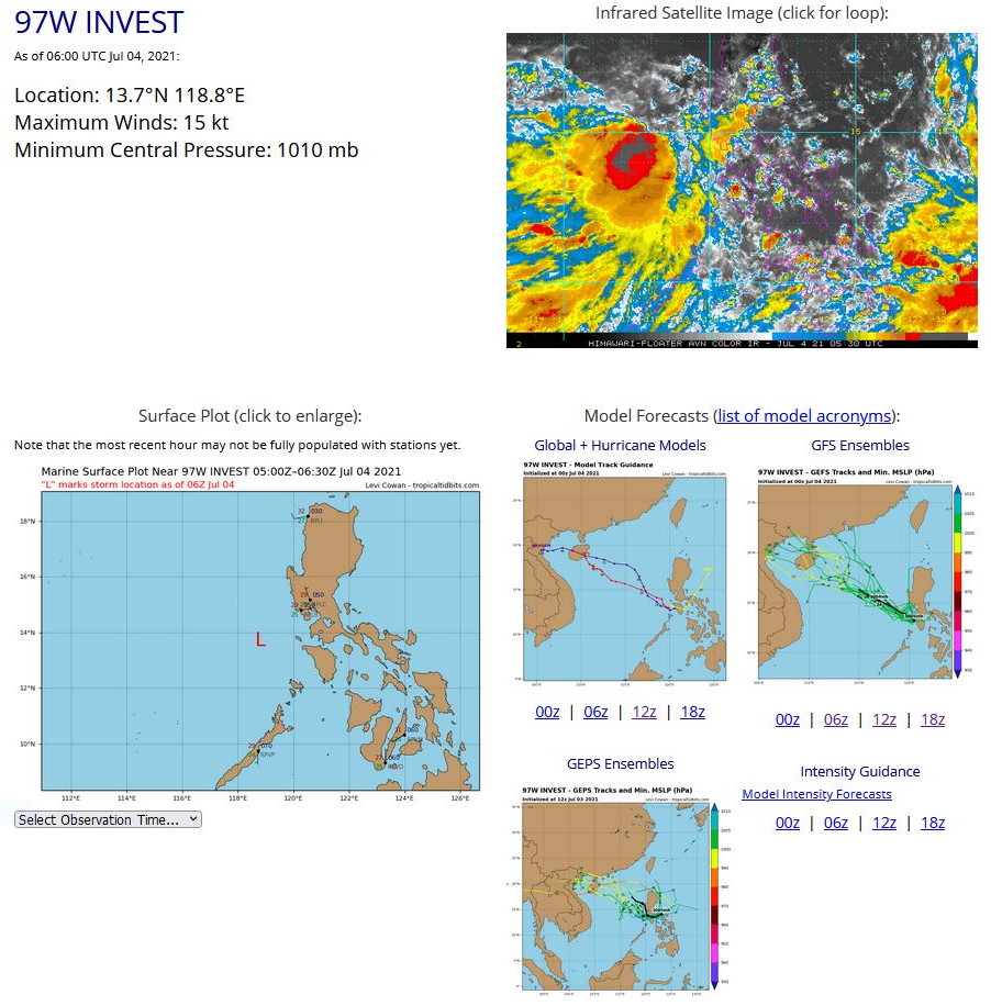 INVEST 97W.ANIMATED MULTISPECTRAL  SATELLITE IMAGERY (MSI) AND A 040202Z METOP-B IMAGE DEPICT 15 TO 20  KNOT WINDS AND FLARING CONVECTION IN THE WESTERN PERIPHERY OF AN  ELONGATED LOW LEVEL CIRCULATION (LLC). ENVIRONMENTAL ANALYSIS SHOWS  FAVORABLE CONDITIONS FOR DEVELOPMENT, WITH GOOD EQUATORWARD OUTFLOW,  LOW (10-15KTS) VERTICAL WIND SHEAR (VWS), AND VERY WARM (30-31C) SEA  SURFACE TEMPERATURES (SST). NUMERICAL MODELS ARE IN GENERAL  AGREEMENT THAT 97W WILL TRACK NORTHWESTWARD BUT ARE SPLIT REGARDING  INTENSIFICATION, WITH ECMWF DETERMINISTIC MODEL, THE ECMWF ENSEMBLE,  AND NAVGEM SHOWING DEVELOPMENT IN THE NEXT TWO TO THREE DAYS WHILE  THE GFS AND JGSM ARE BELOW WARNING CRITERIA.