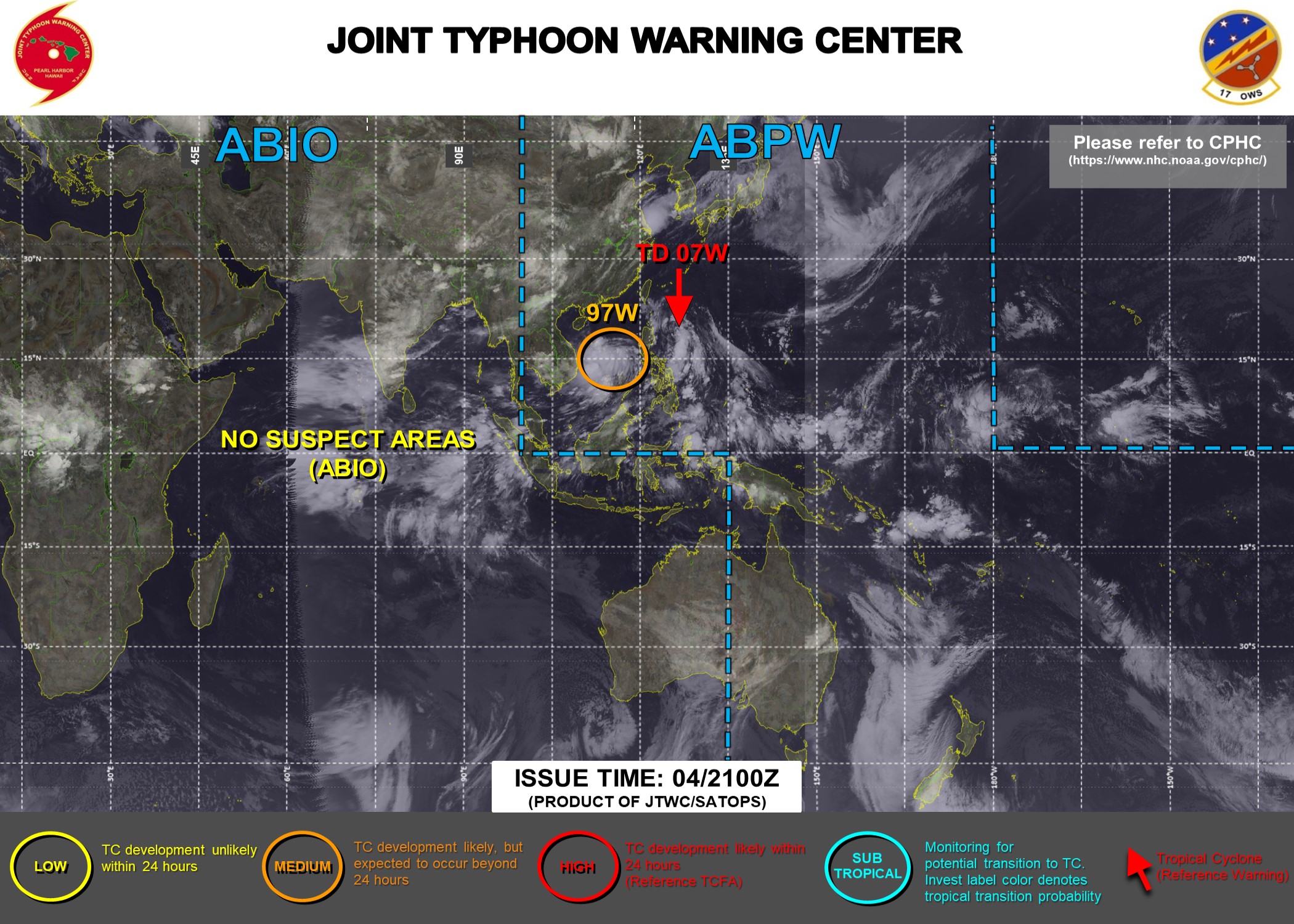 JTWC IS ISSUING 6HOURLY WARNINGS AND 3HOURLY SATELLITE BULLETINS ON TD 07W. INVEST 97W IS STILL MEDIUM.