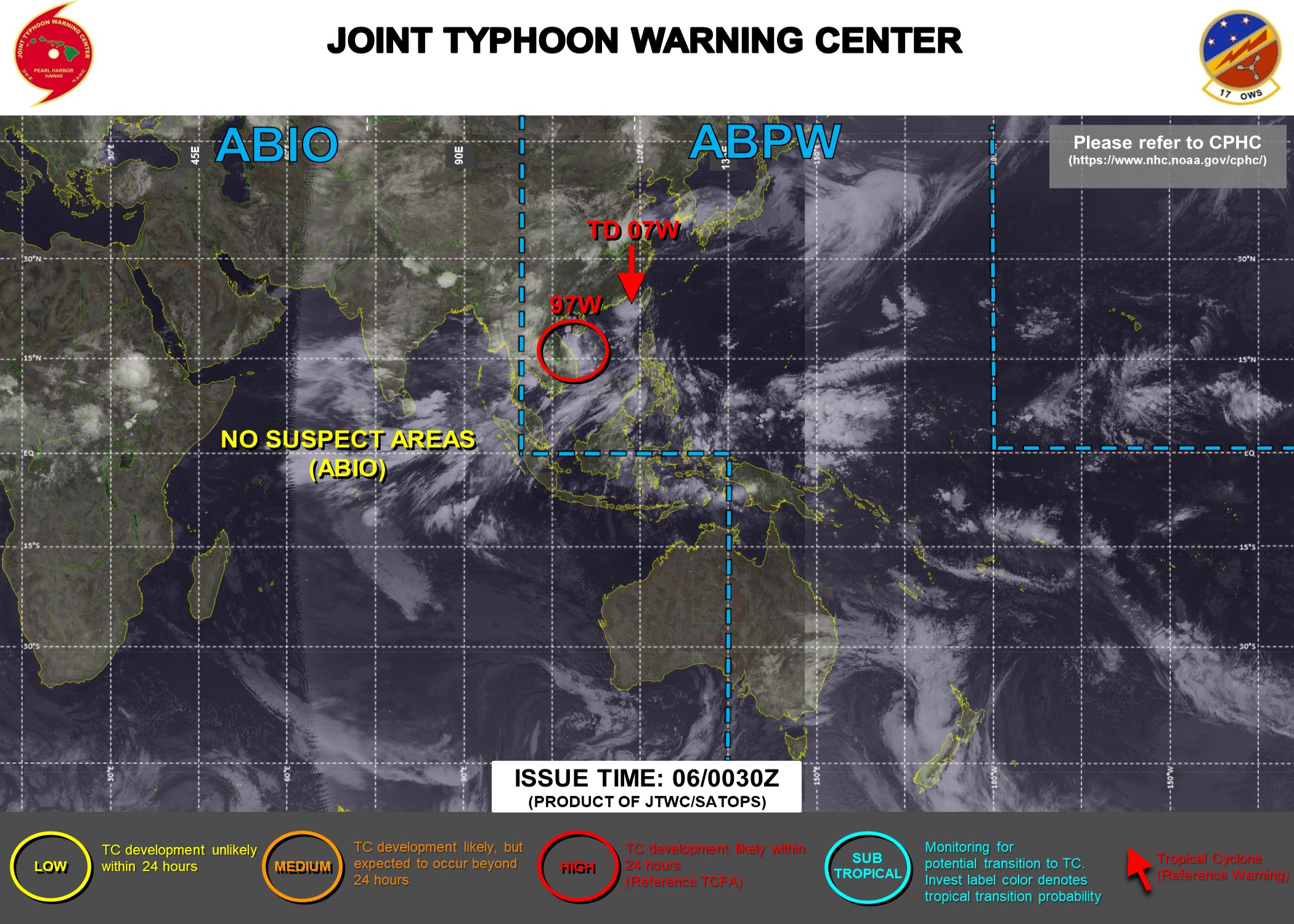 JTWC IS ISSUING THE FINAL WARNING AT 06/03UTC ON 07W. 3HOURLY SATELLITE BULLETINS ARE STILL ISSUED. INVEST 97W IS UP-GRADED TO HIGH: HIGH CHANCES OF DEVELOPING 25KNOT WINDS NEAR ITS CENTER WITHIN 24HOURS. 3 HOURLY SATELLITE BULLETINS ARE ISSUED ON 97W.
