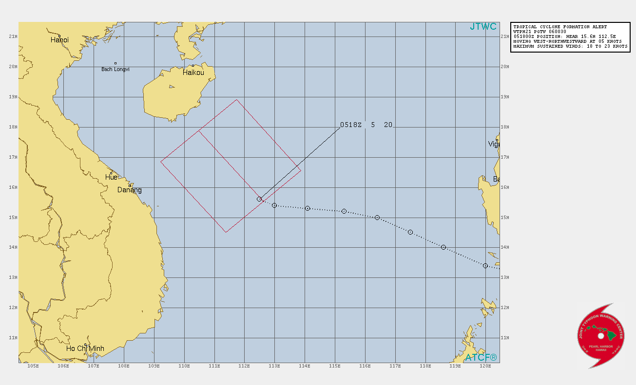 INVEST 97W. TROPICAL CYCLONE FORMATION ALERT ISSUED AT 06/0030UTC.ANIMATED MULTISPECTRAL SATELLITE IMAGERY AND A 052108Z SSMI 85GHZ MICROWAVE IMAGE DEPICTS A BROAD LOW  LEVEL CIRCULATION (LLC) WITH FLARING CONVECTION SHEARED ALONG THE  WESTERN SEMICIRCLE OF THE LLC. UPPER-LEVEL ANALYSIS REVEALS A  FAVORABLE ENVIRONMENT FOR DEVELOPMENT WITH LOW TO MODERATE VERTICAL  WIND SHEAR (VWS), GOOD POLEWARD OUTFLOW, AND WARM SEA SURFACE  TEMPERATURES (30-31C). INVEST 97W. TROPICAL CYCLONE FORMATION ALERT ISSUED AT 06/0030UTC.ANIMATED MULTISPECTRAL SATELLITE IMAGERY AND A 052108Z SSMI 85GHZ MICROWAVE IMAGE DEPICTS A BROAD LOW  LEVEL CIRCULATION (LLC) WITH FLARING CONVECTION SHEARED ALONG THE  WESTERN SEMICIRCLE OF THE LLC. UPPER-LEVEL ANALYSIS REVEALS A  FAVORABLE ENVIRONMENT FOR DEVELOPMENT WITH LOW TO MODERATE VERTICAL  WIND SHEAR (VWS), GOOD POLEWARD OUTFLOW, AND WARM SEA SURFACE  TEMPERATURES (30-31C).