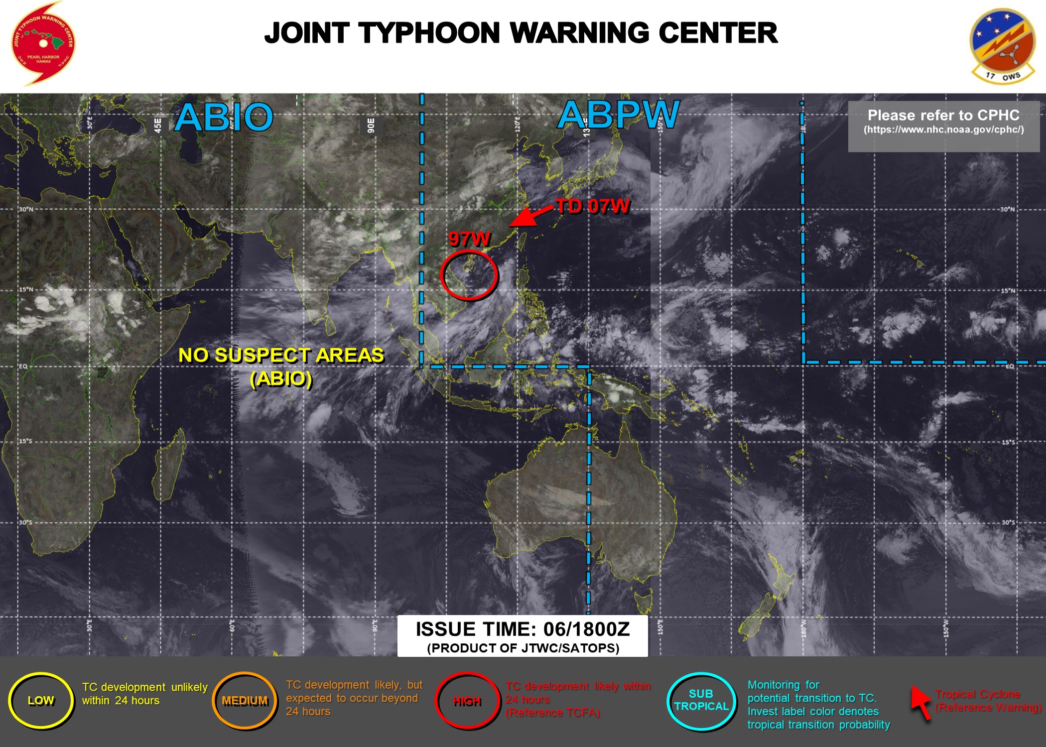 JTWC ISSUED THE FINAL WARNING ON TD 07W AT 06/03UTC. A TROPICAL CYCLONE FORMATION ALERT IS STILL IN FORCE FOR INVEST 97W AT 06/18UTC. JTWC ISSUED THE FINAL WARNING ON TD 07W AT 06/03UTC. A TROPICAL CYCLONE FORMATION ALERT IS STILL IN FORCE FOR INVEST 97W AT 06/18UTC.