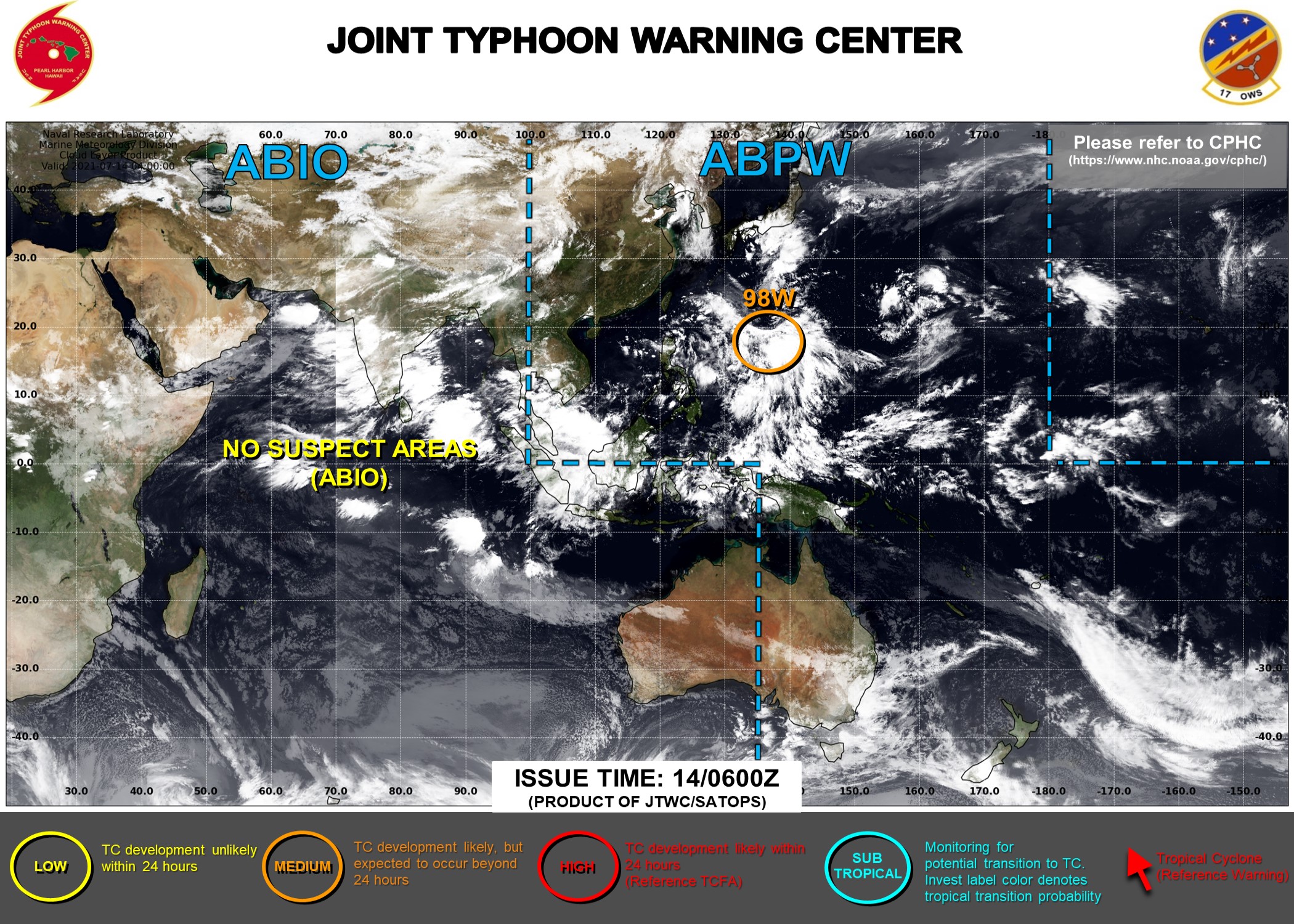 After a period of inactivity JTWC is monitoring 2 systems: Invest 98W and TD 06E, 14/06utc updates