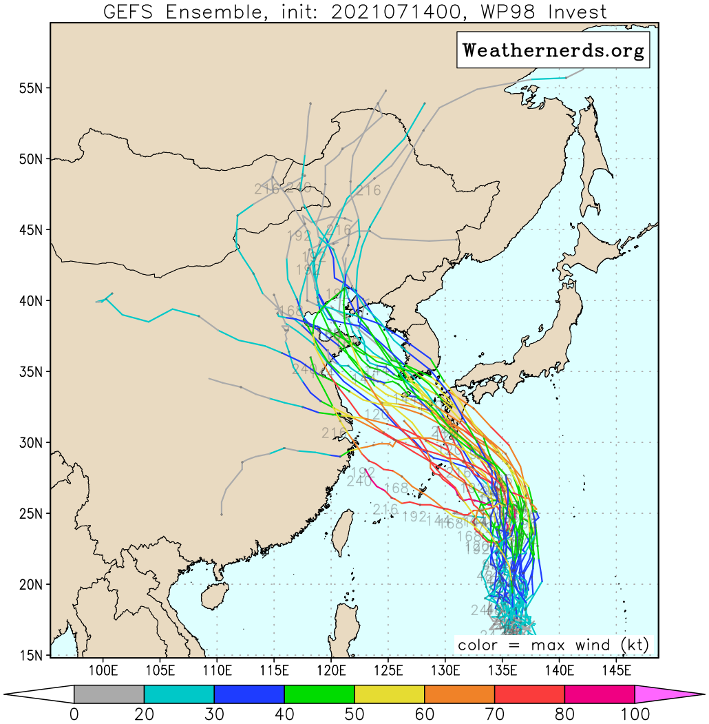 INVEST 98W. GFS AND NAVGEM HAVE BEEN CONSISTENT WITH  FORMATION OF A TROPICAL CYCLONE NEAR THIS LOCATION FOR THE PAST FOUR  MODEL RUNS.NUMERICAL MODELS ARE IN GENERAL AGREEMENT THAT INVEST  98W WILL TRACK POLEWARD AS IT QUICKLY CONSOLIDATES AND INTENSIFIES  OVER THE NEXT 24-48 HOURS. IN THE UPPER LEVELS, OUTFLOW IS EXPECTED  TO GRADUALLY IMPROVE WITH DECREASING VWS OVER THE NEXT 1 TO 2 DAYS  DUE TO A FAVORABLE CONFIGURATION OF AN UPPER LOW OVER WESTERN JAPAN  AND THE TUTT TO THE NORTHEAST.