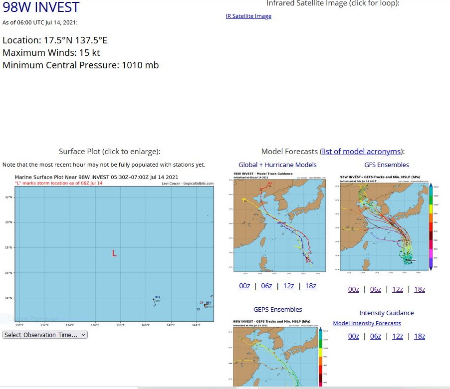 INVEST 98W. ANIMATED MULTISPECTRAL SATELLITE IMAGERY AND A PARTIAL 140343Z AMSR2 89GHZ  MICROWAVE IMAGE DEPICT WEAK FORMATIVE BANDING WITH ASSOCIATED AREAS  OF DEEP CONVECTION IN THE SOUTHEAST QUADRANT OF A LOW LEVEL  CIRCULATION. ENVIRONMENTAL ANALYSIS INDICATES MARGINAL CONDITIONS  FOR DEVELOPMENT WITH GOOD EQUATORWARD OUTFLOW ALOFT AND WARM (30- 31C) SEA SURFACE TEMPERATURES, OFFSET BY MODERATE (15-20 KTS)  VERTICAL WIND SHEAR (VWS). INVEST 98W. ANIMATED MULTISPECTRAL SATELLITE IMAGERY AND A PARTIAL 140343Z AMSR2 89GHZ  MICROWAVE IMAGE DEPICT WEAK FORMATIVE BANDING WITH ASSOCIATED AREAS  OF DEEP CONVECTION IN THE SOUTHEAST QUADRANT OF A LOW LEVEL  CIRCULATION. ENVIRONMENTAL ANALYSIS INDICATES MARGINAL CONDITIONS  FOR DEVELOPMENT WITH GOOD EQUATORWARD OUTFLOW ALOFT AND WARM (30- 31C) SEA SURFACE TEMPERATURES, OFFSET BY MODERATE (15-20 KTS)  VERTICAL WIND SHEAR (VWS).