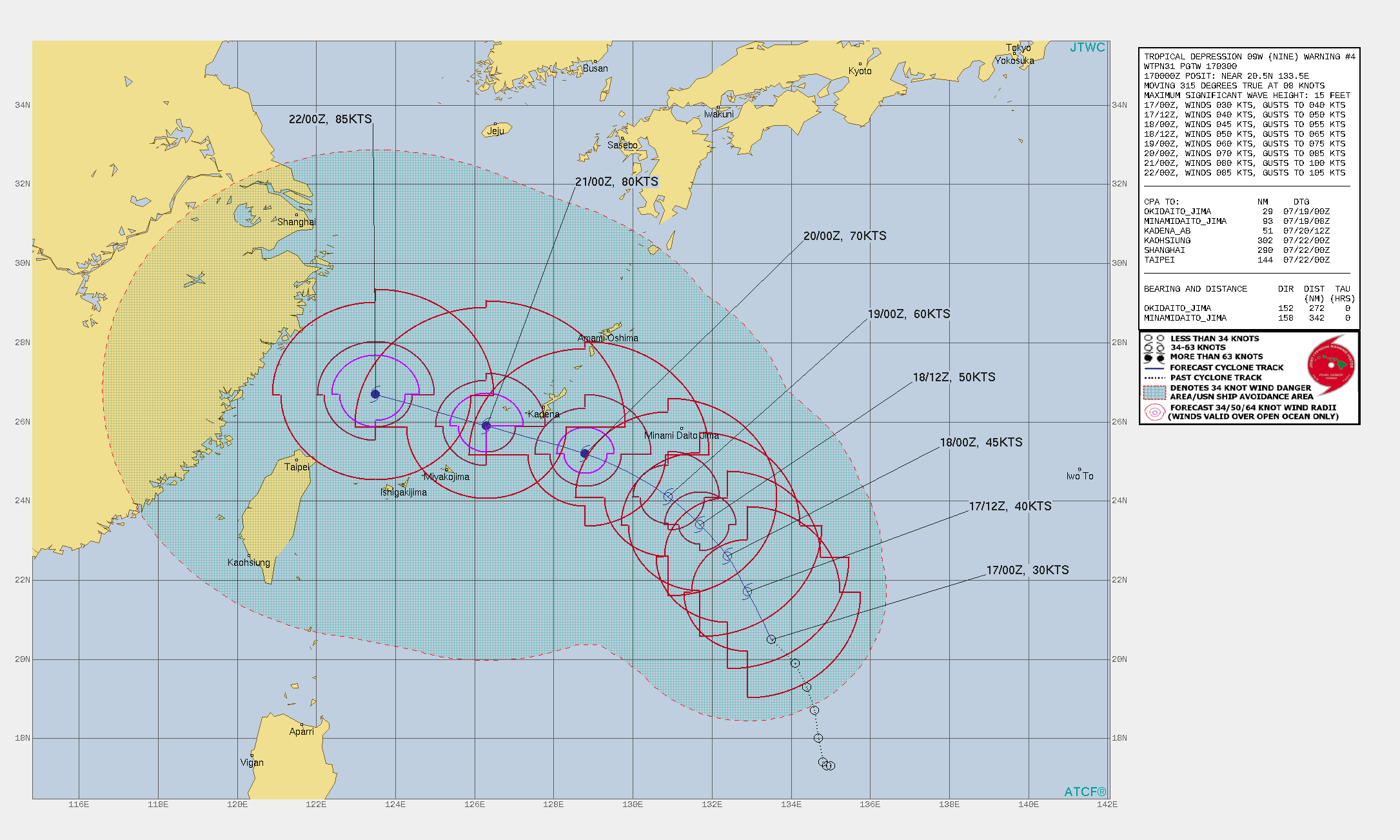 TD 09W. WARNING 5 ISSUED AT 17/09UTC.SIGNIFICANT FORECAST CHANGES: THERE ARE NO SIGNIFICANT CHANGES TO THE FORECAST FROM THE PREVIOUS WARNING. FORECAST DISCUSSION: TD 09W IS TRACKING NORTHWESTWARD ALONG THE PERIPHERY OF THE SUBTROPICAL RIDGE(STR) BUT IS EXPECTED TO GRADUALLY TURN WEST-NORTHWESTWARD AS A DEEP UPPER LOW CURRENTLY LOCATED WEST OF KYUSHU FILLS AND SHIFTS WEST ALLOWING THE STR TO BUILD OVER THE EAST CHINA SEA BY 48H. TD 09W IS CURRENTLY STRUGGLING TO CONSOLIDATE DUE PRIMARILY TO THE CONVERGENCE ALOFT AND DRY AIR ENTRAINMENT, THEREFORE, TD 09W SHOULD SLOWLY INTENSIFY THROUGH 24H. AFTER 24H, ENVIRONMENTAL CONDITIONS SHOULD GRADUALLY IMPROVE AS THE UPPER LOW AND CONVERGENCE ALOFT WEAKENS ALLOWING THE SYSTEM TO VENT AND SUSTAIN MORE CENTRALIZED DEEP CONVECTION, WHICH WILL MOISTEN THE MID-LEVELS. THIS SHOULD LEAD TO A FASTER RATE OF INTENSIFICATION WITH A PEAK OF 85 KNOTS/CAT2 ANTICIPATED BY 120H.