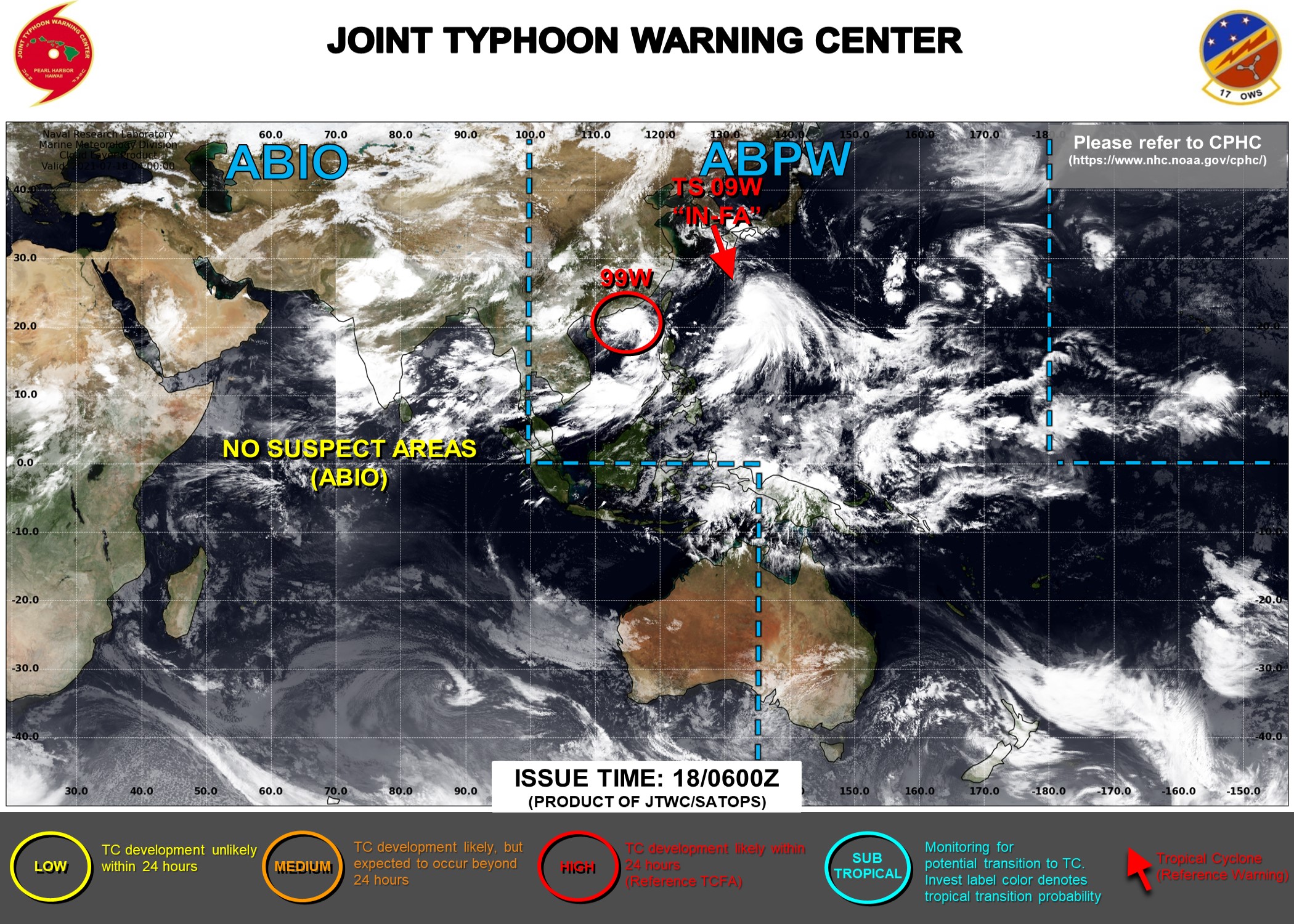 JTWC HAS BEEN ISSUING 6HOURLY WARNINGS AND 3HOURLY SATELLITE BULLETINS ON 09W(IN-FA). 3HOURLY SATELLITE BULLETINS ARE ISSUED ON INVEST 99W.