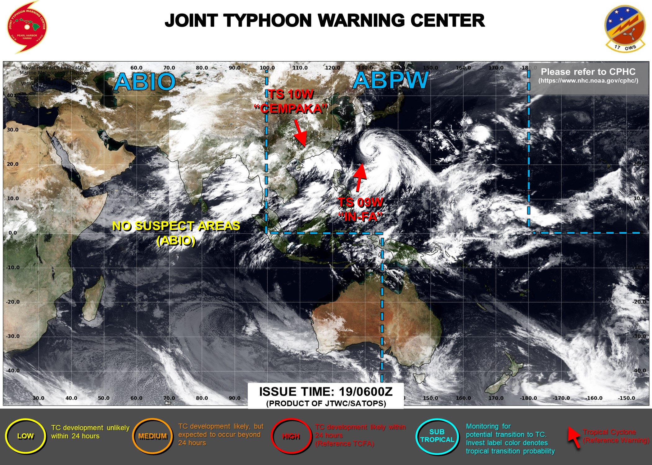 JTWC HAS BEEN ISSUING 6HOURLY WARNINGS ON 09W AND 10W. 3HOURLY SATELLITE BULLETINS ARE ISSUED FOR BOTH SYSTEMS.