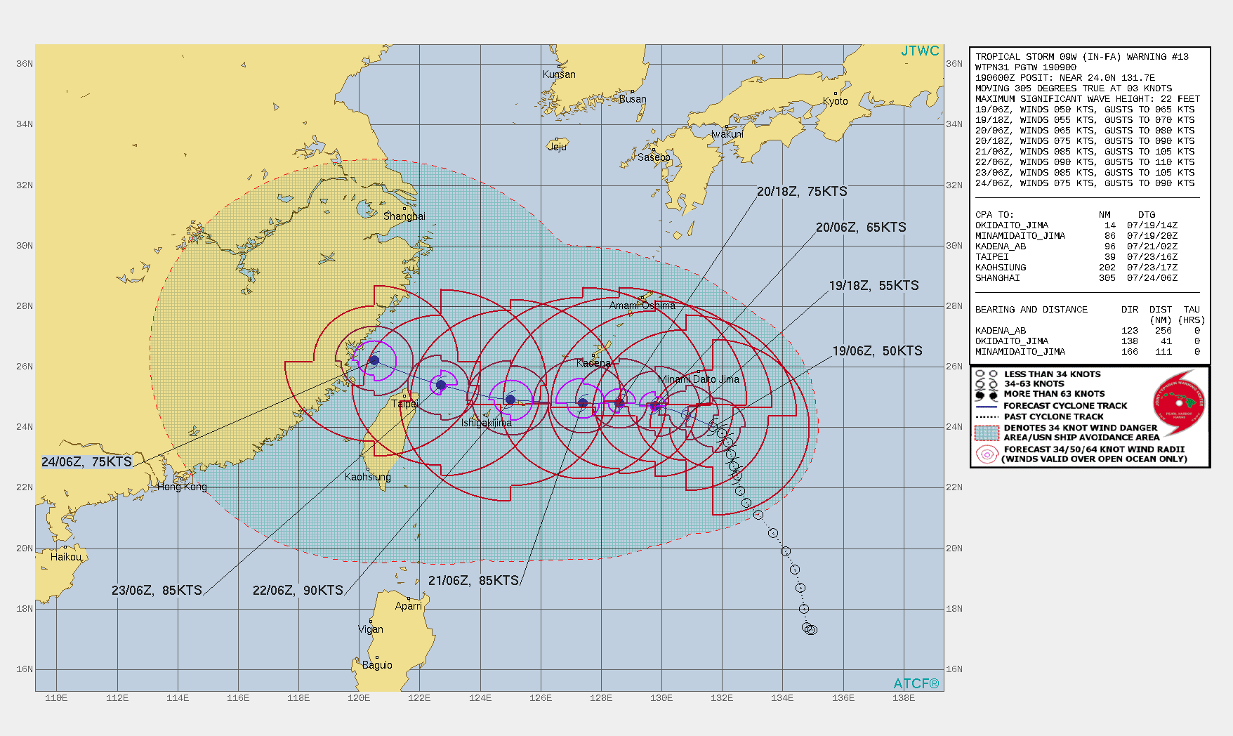 TS 09W(IN-FA). WARNING 13 ISSUED AT 19/09UTC. SIGNIFICANT FORECAST CHANGES: THERE ARE NO SIGNIFICANT CHANGES TO THE FORECAST FROM THE PREVIOUS WARNING.  FORECAST DISCUSSION: TS 09W IS EXPECTED TO TRACK WEST-NORTHWESTWARD TO WESTWARD ALONG THE SOUTHERN PERIPHERY OF THE STR THROUGH 72H. AFTER 72H, TS 09W SHOULD TURN WEST-NORTHWESTWARD AS IT TRACKS ALONG THE SOUTHWESTERN PERIPHERY OF THE SUBTROPICAL RIDGE. TS 09W SHOULD STEADILY INTENSIFY THROUGH 72H TO A PEAK INTENSITY OF 90 KNOTS/CAT 2. AFTER  72H, TS 09W WILL WEAKEN SLIGHTLY AS IT PASSES TO THE NORTH OF TAIWAN AND APPROACHES THE COAST OF CHINA.