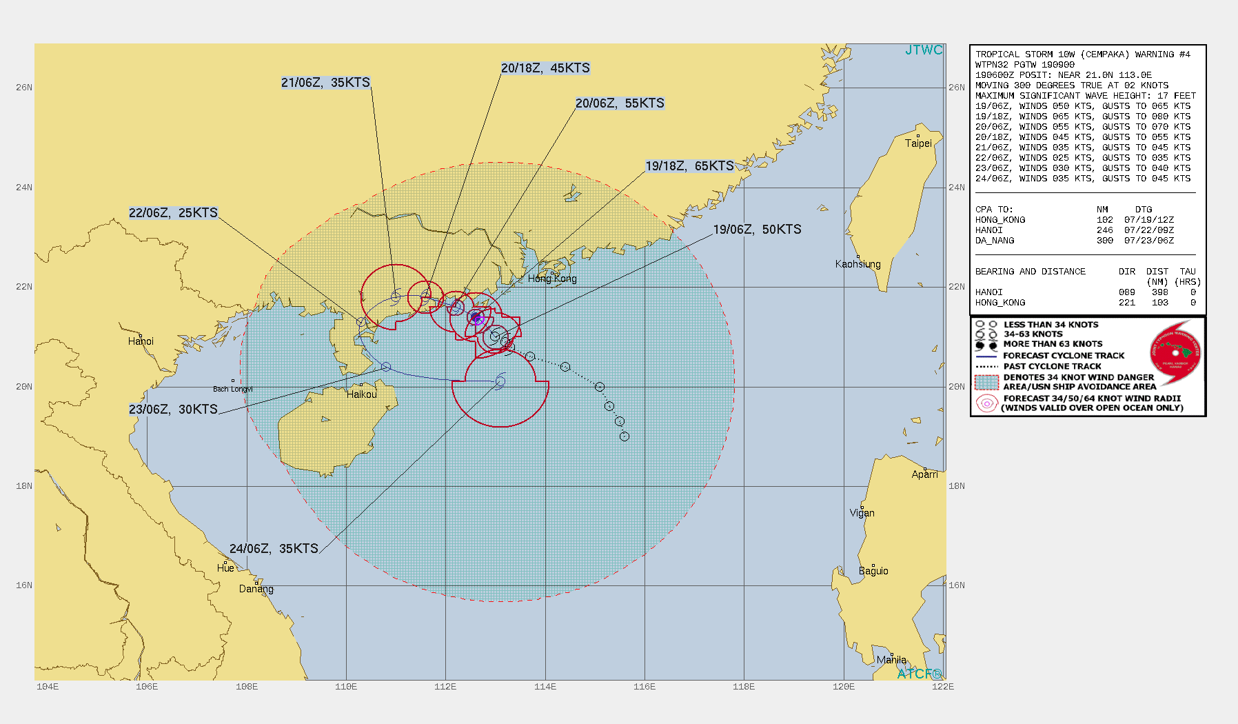 TS 10W(CEMPAKA). WARNING 4 ISSUED AT 19/09UTC.THERE ARE NO SIGNIFICANT CHANGES TO THE FORECAST FROM THE PREVIOUS WARNING.  FORECAST DISCUSSION: TS 10W IS FORECAST TO TRACK SLOWLY WEST-NORTHWESTWARD THROUGH 36H UNDER THE STEERING INFLUENCE OF THE WEAK SUBTROPICAL RIDGE TO THE NORTH. AFTER 36H, THE SYSTEM WILL TRACK WITHIN COMPETING STEERING INFLUENCES AND TURN SOUTHWESTWARD THROUGH 72H. IN THE EXTENDED PERIOD, TS 10W WILL TURN SOUTHEASTWARD TO EASTWARD UNDER THE STEERING INFLUENCE OF STRENGTHENING LOW-LEVEL WESTERLY FLOW. IN GENERAL, THE NUMERICAL MODEL GUIDANCE SUPPORTS THE FORECAST TRACK, HOWEVER, THERE IS A LARGE DEGREE OF SPREAD DUE TO THE COMPLEX, EVOLVING SYNOPTIC STEERING ENVIRONMENT. TS 10W SHOULD INTENSIFY QUICKLY TO A PEAK OF 65 KNOTS/CAT 1 BY 12H JUST PRIOR TO LANDFALL WITH STEADY WEAKENING AS THE SYSTEM TRACKS OVER  LAND. TS 10W WILL LIKELY RE-INTENSIFY NEAR 120H AFTER REEMERGING  BACK OVER WATER. TS 10W(CEMPAKA). WARNING 4 ISSUED AT 19/09UTC.THERE ARE NO SIGNIFICANT CHANGES TO THE FORECAST FROM THE PREVIOUS WARNING.  FORECAST DISCUSSION: TS 10W IS FORECAST TO TRACK SLOWLY WEST-NORTHWESTWARD THROUGH 36H UNDER THE STEERING INFLUENCE OF THE WEAK SUBTROPICAL RIDGE TO THE NORTH. AFTER 36H, THE SYSTEM WILL TRACK WITHIN COMPETING STEERING INFLUENCES AND TURN SOUTHWESTWARD THROUGH 72H. IN THE EXTENDED PERIOD, TS 10W WILL TURN SOUTHEASTWARD TO EASTWARD UNDER THE STEERING INFLUENCE OF STRENGTHENING LOW-LEVEL WESTERLY FLOW. IN GENERAL, THE NUMERICAL MODEL GUIDANCE SUPPORTS THE FORECAST TRACK, HOWEVER, THERE IS A LARGE DEGREE OF SPREAD DUE TO THE COMPLEX, EVOLVING SYNOPTIC STEERING ENVIRONMENT. TS 10W SHOULD INTENSIFY QUICKLY TO A PEAK OF 65 KNOTS/CAT 1 BY 12H JUST PRIOR TO LANDFALL WITH STEADY WEAKENING AS THE SYSTEM TRACKS OVER  LAND. TS 10W WILL LIKELY RE-INTENSIFY NEAR 120H AFTER REEMERGING  BACK OVER WATER.
