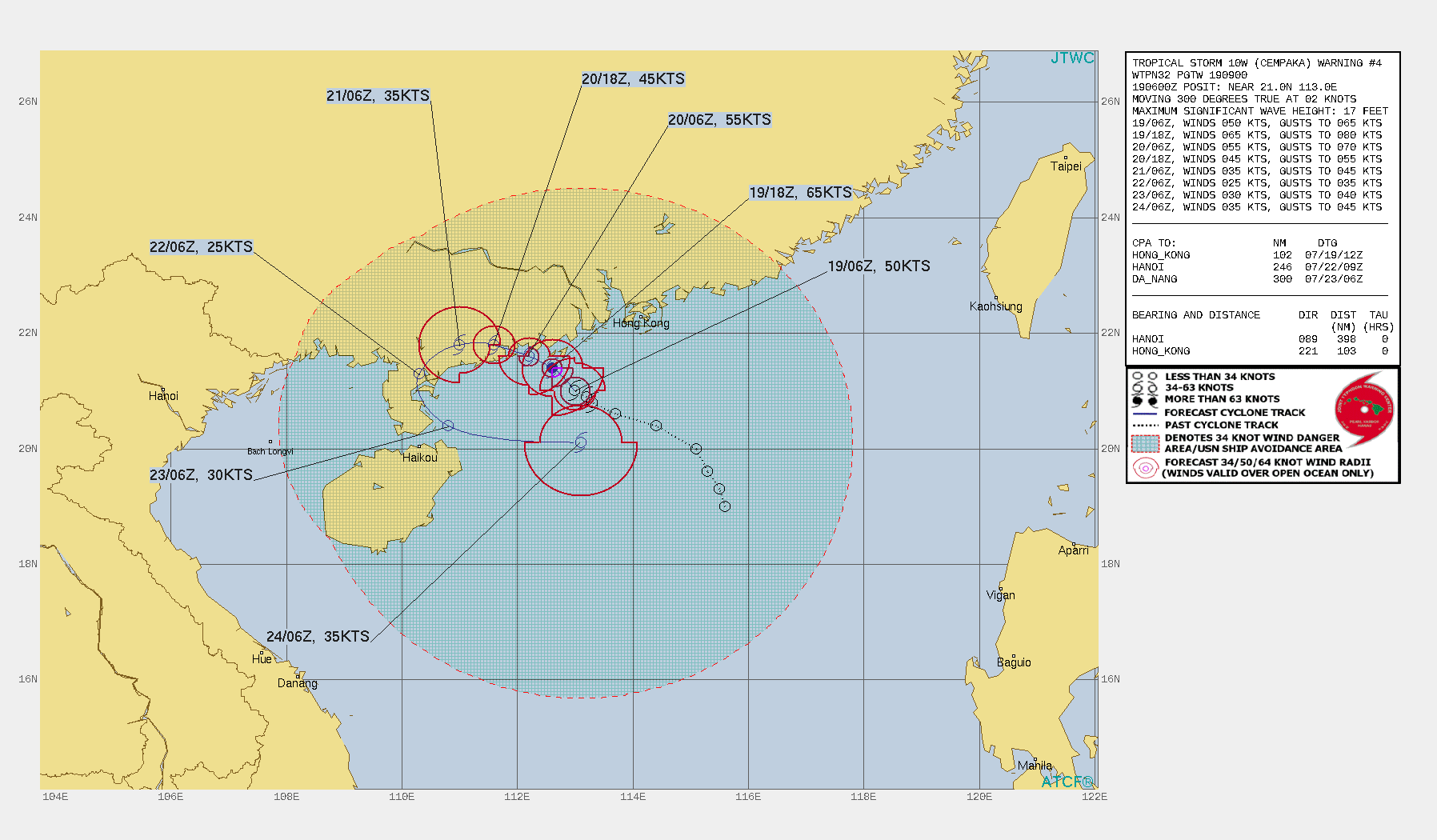 TS 10W(CEMPAKA). WARNING 4 ISSUED AT 19/09UTC.THERE ARE NO SIGNIFICANT CHANGES TO THE FORECAST FROM THE PREVIOUS WARNING.  FORECAST DISCUSSION: TS 10W IS FORECAST TO TRACK SLOWLY WEST-NORTHWESTWARD THROUGH 36H UNDER THE STEERING INFLUENCE OF THE WEAK SUBTROPICAL RIDGE TO THE NORTH. AFTER 36H, THE SYSTEM WILL TRACK WITHIN COMPETING STEERING INFLUENCES AND TURN SOUTHWESTWARD THROUGH 72H. IN THE EXTENDED PERIOD, TS 10W WILL TURN SOUTHEASTWARD TO EASTWARD UNDER THE STEERING INFLUENCE OF STRENGTHENING LOW-LEVEL WESTERLY FLOW. IN GENERAL, THE NUMERICAL MODEL GUIDANCE SUPPORTS THE FORECAST TRACK, HOWEVER, THERE IS A LARGE DEGREE OF SPREAD DUE TO THE COMPLEX, EVOLVING SYNOPTIC STEERING ENVIRONMENT. TS 10W SHOULD INTENSIFY QUICKLY TO A PEAK OF 65 KNOTS/CAT 1 BY 12H JUST PRIOR TO LANDFALL WITH STEADY WEAKENING AS THE SYSTEM TRACKS OVER  LAND. TS 10W WILL LIKELY RE-INTENSIFY NEAR 120H AFTER REEMERGING  BACK OVER WATER.