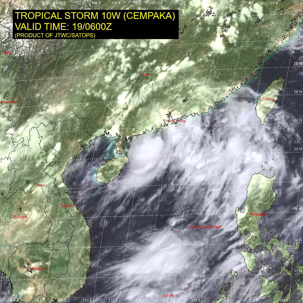 TS 10W(CEMPAKA). SATELLITE ANALYSIS, INITIAL POSITION AND INTENSITY DISCUSSION: ANIMATED MULTISPECTRAL SATELLITE IMAGERY (MSI) DEPICTS A COMPACT, CONSOLIDATING SYSTEM WITH TIGHTLY-CURVED BANDING WRAPPING INTO A WELL-DEFINED LOW-LEVEL CIRCULATION CENTER (LLCC). A 190542UTC AMSR2 MICROWAVE IMAGE REVEALS A MICROWAVE EYE FEATURE, WHICH SUPPORTS THE THE INITIAL POSITION WITH HIGH CONFIDENCE. THE INITIAL INTENSITY OF 50 KNOTS IS ASSESSED WITH HIGH CONFIDENCE BASED ON THE KNES AND PGTW DVORAK ESTIMATES AS WELL AS THE ADT ESTIMATE OF 47 KNOTS (190810Z ADT ESTIMATE NOW 49 KNOTS WITH WEAK EYE DEVELOPING IN VISIBLE IMAGERY). ENVIRONMENTAL ANALYSIS INDICATES FAVORABLE CONDITIONS WITH MODERATE POLEWARD AND EQUATORWARD OUTFLOW, LOW VERTICAL WIND SHEAR AND WARM SST VALUES. TS 10W(CEMPAKA). SATELLITE ANALYSIS, INITIAL POSITION AND INTENSITY DISCUSSION: ANIMATED MULTISPECTRAL SATELLITE IMAGERY (MSI) DEPICTS A COMPACT, CONSOLIDATING SYSTEM WITH TIGHTLY-CURVED BANDING WRAPPING INTO A WELL-DEFINED LOW-LEVEL CIRCULATION CENTER (LLCC). A 190542UTC AMSR2 MICROWAVE IMAGE REVEALS A MICROWAVE EYE FEATURE, WHICH SUPPORTS THE THE INITIAL POSITION WITH HIGH CONFIDENCE. THE INITIAL INTENSITY OF 50 KNOTS IS ASSESSED WITH HIGH CONFIDENCE BASED ON THE KNES AND PGTW DVORAK ESTIMATES AS WELL AS THE ADT ESTIMATE OF 47 KNOTS (190810Z ADT ESTIMATE NOW 49 KNOTS WITH WEAK EYE DEVELOPING IN VISIBLE IMAGERY). ENVIRONMENTAL ANALYSIS INDICATES FAVORABLE CONDITIONS WITH MODERATE POLEWARD AND EQUATORWARD OUTFLOW, LOW VERTICAL WIND SHEAR AND WARM SST VALUES.