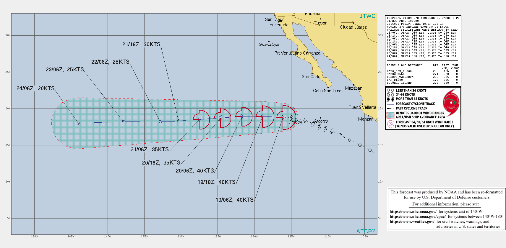 EASTERN PACIFIC. TS 07E(GUILLERMO). WARNING 8 ISSUED AT 19/10UTC. CURRENT INTENSITY IS 40KNOTS. GRADUAL WEAKENING FORECAST NEXT 72H.