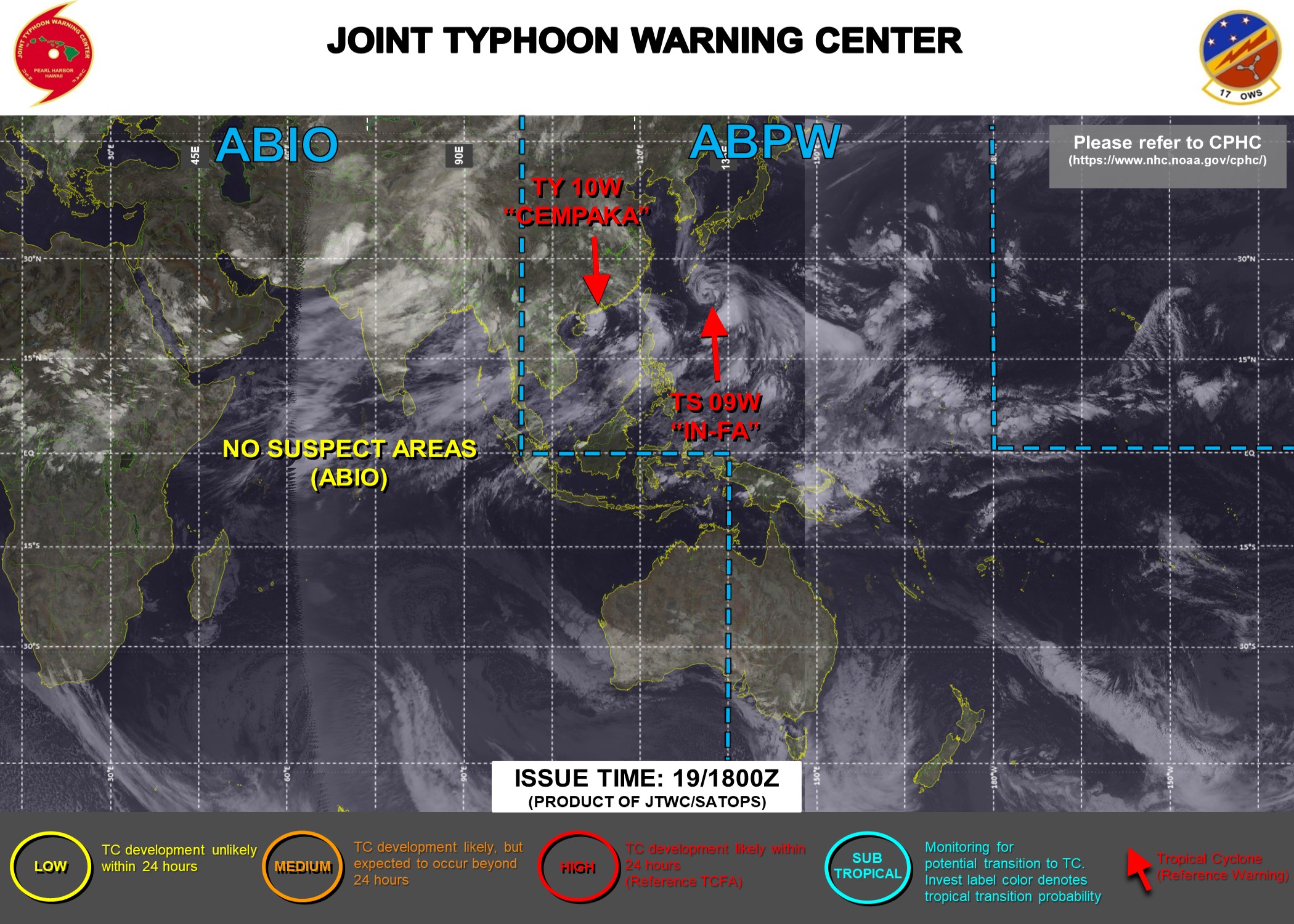 JTWC HAS BEEN ISSUING 6HOURLY WARNINGS ON 09W AND 10W. 3HOURLY SATELLITE BULLETINS ARE ISSUED FOR BOTH SYSTEMS. JTWC HAS BEEN ISSUING 6HOURLY WARNINGS ON 09W AND 10W. 3HOURLY SATELLITE BULLETINS ARE ISSUED FOR BOTH SYSTEMS.