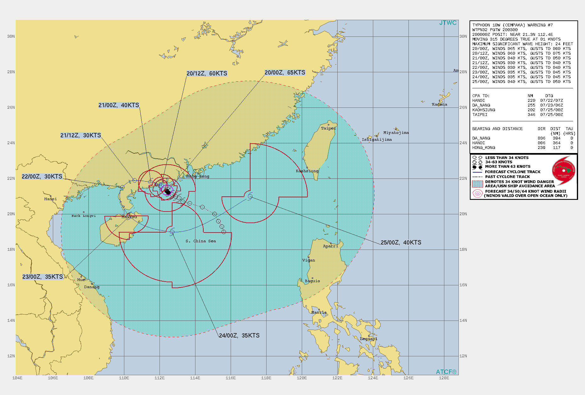 TY 10W(CEMPAKA). WARNING 7 ISSUED AT 20/03UTC.THERE ARE NO SIGNIFICANT CHANGES TO THE FORECAST FROM THE PREVIOUS WARNING.  FORECAST DISCUSSION: TY CEMPAKA WILL CONTINUE TO TRACK NORTHWESTWARD UNDER THE STR AND MAKE LANDFALL SHORTLY AFTER 12H ALONG THE SOUTHEASTERN CHINESE COAST NEAR YANGJIANG. AFTER 36H, IT WILL BEGIN TO MAKE A TIGHT LEFT U-TURN TRACING THE WEST COAST OF LEIZHOU PENINSULA INTO THE EASTERN TIP OF HAINAN BEFORE EXITING BACK INTO THE SOUTH CHINA SEA (SCS) AFTER 72H. BY 120H, TY 10W WILL BE ACCELERATING NORTHEASTWARD IN THE MIDDLE OF THE SCS BETWEEN HONG KONG AND LUZON, PHILIPPINES. LAND INTERACTION WITH THE RUGGED CHINESE INTERIOR WILL RAPIDLY DECAY THE CYCLONE DOWN TO 30KNOTS. HOWEVER, AFTER 48H, INCREASED MOISTURE FROM THE GULF OF TONKIN WILL REVIVE IT TO 35KNOTS, AND BY 120H WILL BE UP TO 40KNOTS.