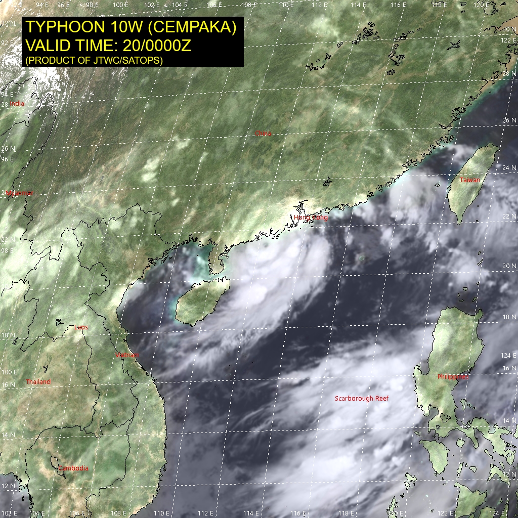 TY 10W(CEMPAKA).SATELLITE ANALYSIS, INITIAL POSITION AND INTENSITY DISCUSSION: ANIMATED MULTISPECTRAL SATELLITE IMAGERY (MSI) SHOWS THE SYSTEM HAS MAINTAINED OVERALL CONVECTIVE SIGNATURE AND A DEFINED, ALBEIT CLOUD-FILLED EYE, AS IT TRACKED VERY SLOWLY TOWARD CHINA. THE INITIAL POSITION IS PLACED WITH HIGH CONFIDENCE BASED ON THE EYE FEATURES BOTH IN THE MSI AND CNA COMPOSITE RADAR LOOPS THAT LINED UP PERFECTLY WITH A MICROWAVE EYE IN THE 192317UTC SSMIS 37GHZ IMAGE. THE INITIAL INTENSITY OF 65 KNOTS/CAT 1 IS ASSESSED WITH HIGH CONFIDENCE BASED ON THE DVORAK ESTIMATES FROM PGTW AND KNES AND REFLECTS THE SUSTAINED METSAT SIGNATURE. TY 10W(CEMPAKA).SATELLITE ANALYSIS, INITIAL POSITION AND INTENSITY DISCUSSION: ANIMATED MULTISPECTRAL SATELLITE IMAGERY (MSI) SHOWS THE SYSTEM HAS MAINTAINED OVERALL CONVECTIVE SIGNATURE AND A DEFINED, ALBEIT CLOUD-FILLED EYE, AS IT TRACKED VERY SLOWLY TOWARD CHINA. THE INITIAL POSITION IS PLACED WITH HIGH CONFIDENCE BASED ON THE EYE FEATURES BOTH IN THE MSI AND CNA COMPOSITE RADAR LOOPS THAT LINED UP PERFECTLY WITH A MICROWAVE EYE IN THE 192317UTC SSMIS 37GHZ IMAGE. THE INITIAL INTENSITY OF 65 KNOTS/CAT 1 IS ASSESSED WITH HIGH CONFIDENCE BASED ON THE DVORAK ESTIMATES FROM PGTW AND KNES AND REFLECTS THE SUSTAINED METSAT SIGNATURE.