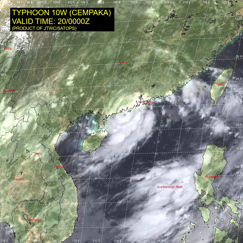 TY 10W(CEMPAKA).SATELLITE ANALYSIS, INITIAL POSITION AND INTENSITY DISCUSSION: ANIMATED MULTISPECTRAL SATELLITE IMAGERY (MSI) SHOWS THE SYSTEM HAS MAINTAINED OVERALL CONVECTIVE SIGNATURE AND A DEFINED, ALBEIT CLOUD-FILLED EYE, AS IT TRACKED VERY SLOWLY TOWARD CHINA. THE INITIAL POSITION IS PLACED WITH HIGH CONFIDENCE BASED ON THE EYE FEATURES BOTH IN THE MSI AND CNA COMPOSITE RADAR LOOPS THAT LINED UP PERFECTLY WITH A MICROWAVE EYE IN THE 192317UTC SSMIS 37GHZ IMAGE. THE INITIAL INTENSITY OF 65 KNOTS/CAT 1 IS ASSESSED WITH HIGH CONFIDENCE BASED ON THE DVORAK ESTIMATES FROM PGTW AND KNES AND REFLECTS THE SUSTAINED METSAT SIGNATURE.