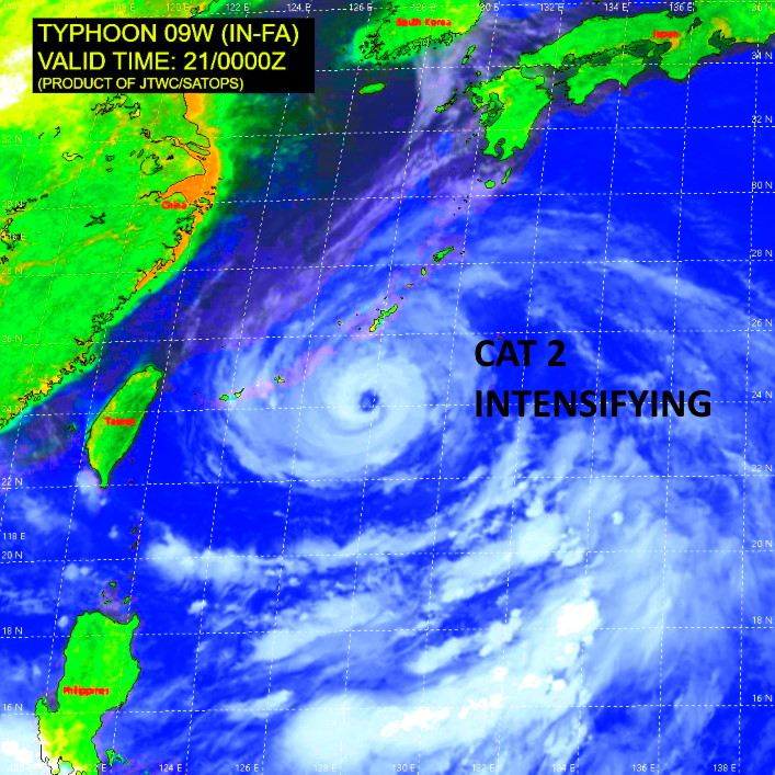 09W(IN-FA).SATELLITE ANALYSIS, INITIAL POSITION AND INTENSITY DISCUSSION: ANIMATED MULTISPECTRAL SATELLITE IMAGERY (MSI) SHOWS THE SYSTEM CONTINUED TO INTENSIFY AS THE CENTRAL CONVECTION DEEPENED AND FEEDER BANDS HAVE BECOME MORE COMPACT AND WRAPPED TIGHTER INTO A DEFINED 45-KM EYE. THE INITIAL POSITION IS PLACED WITH HIGH CONFIDENCE BASED ON THE EYE FEATURE IN THE MSI LOOP. THE INITIAL INTENSITY OF 95 KNOTS/CAT 2 IS ASSESSED WITH HIGH CONFIDENCE BASED ON OVERALL ASSESSMENT OF AGENCY DVORAK ESTIMATES AND THE ADT AND REFLECTS THE SIGNIFICANT 6-HR INTENSIFICATION.