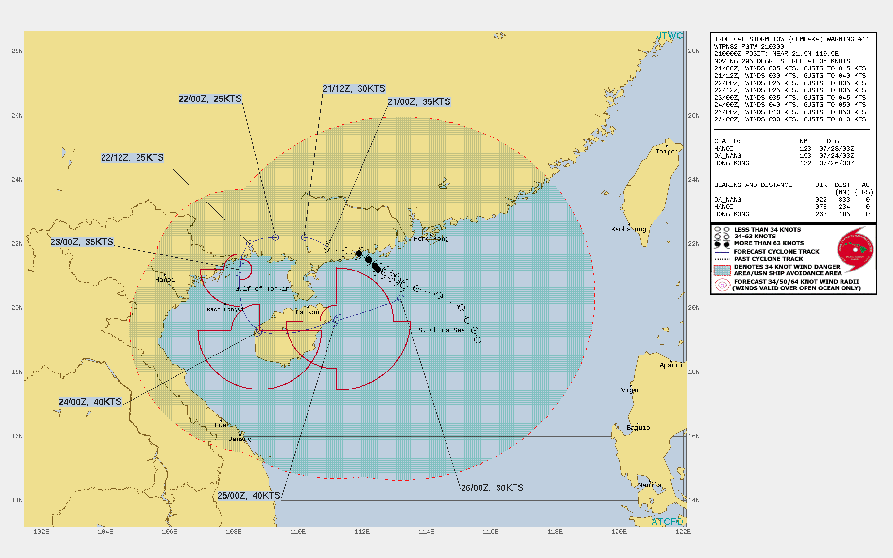 TS 10W(CEMPAKA). WARNING 11 ISSUED AT 20/03UTC.THERE ARE NO SIGNIFICANT CHANGES TO THE FORECAST FROM THE PREVIOUS WARNING.  FORECAST DISCUSSION: TS 10W WILL TRACK FURTHER INLAND AND GENERALLY WESTWARD UNDER A LOW REFLECTION OF THE STR. AFTER 36H, AS SECONDARY STR TO THE WEST WILL ASSUME STEERING AND DRIVE THE CYCLONE SOUTHWARD INTO THE GULF OF TONKIN (GOT) AND INTO HAINAN BY 72H. AFTERWARD, THE SYSTEM WILL DRIFT EAST-NORTHEASTWARD WITH AN AMPLIFIED MONSOON FLOW IN THE SOUTH CHINA SEA. THE RUGGED TERRAIN AND INCREASED VERTICAL WIND SHEAR WILL CONTINUE TO ERODE THE SYSTEM DOWN TO 25KNOTS BY 24H. HOWEVER, AFTER IT EXITS BACK ONTO WATER IN THE GOT, IT WILL REGAIN TS INTENSITY MOMENTARILY UNTIL IT BECOMES EXPOSED TO HIGH VERTICAL WIND SHEAR IN THE SOUTH CHINA SEA ASSOCIATED WITH THE SOUTHWEST MONSOON. THERE IS A DISTINCT POSSIBILITY THAT TS CEMPAKA WILL DISSIPATE OVER LAND IN THE NEXT 36HRS.