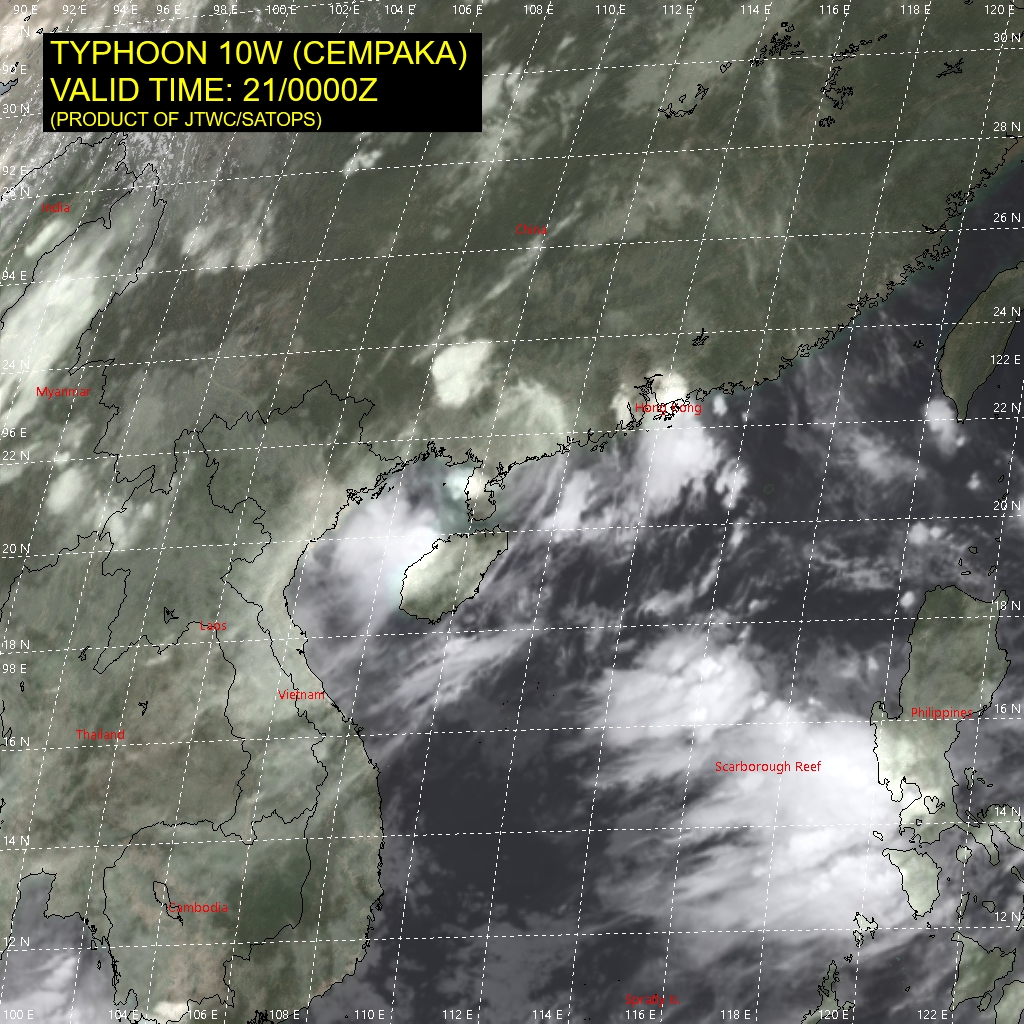 10W(CEMPAKA).SATELLITE ANALYSIS, INITIAL POSITION AND INTENSITY DISCUSSION: ANIMATED MULTISPECTRAL SATELLITE IMAGERY (MSI) SHOWS THE SYSTEM CONTINUED TO TRACK DEEPER INLAND CHINA AS IT RAPIDLY DECAYED, AS EVIDENCED BY COLLAPSING CONVECTIVE CLOUD TOPS. THE INITIAL POSITION IS PLACED WITH MEDIUM CONFIDENCE BASED ON A BROAD LOW LEVEL CIRCULATION FEATURE IN A CMA COMPOSITE RADAR LOOP AND TRIANGULATED FROM NEARBY SURFACE WIND OBSERVATIONS. THE INITIAL INTENSITY OF 35 KNOTS IS ASSESSED WITH MEDIUM CONFIDENCE BASED ON NEARBY SURFACE OBSERVATIONS INCLUDING ONE FROM YANGCHUN CITY 30KM TO THE NE (SE15G20KTS, 1000MB) AND SUPPORTED BY A DVORAK ESTIMATE FROM RCTP.