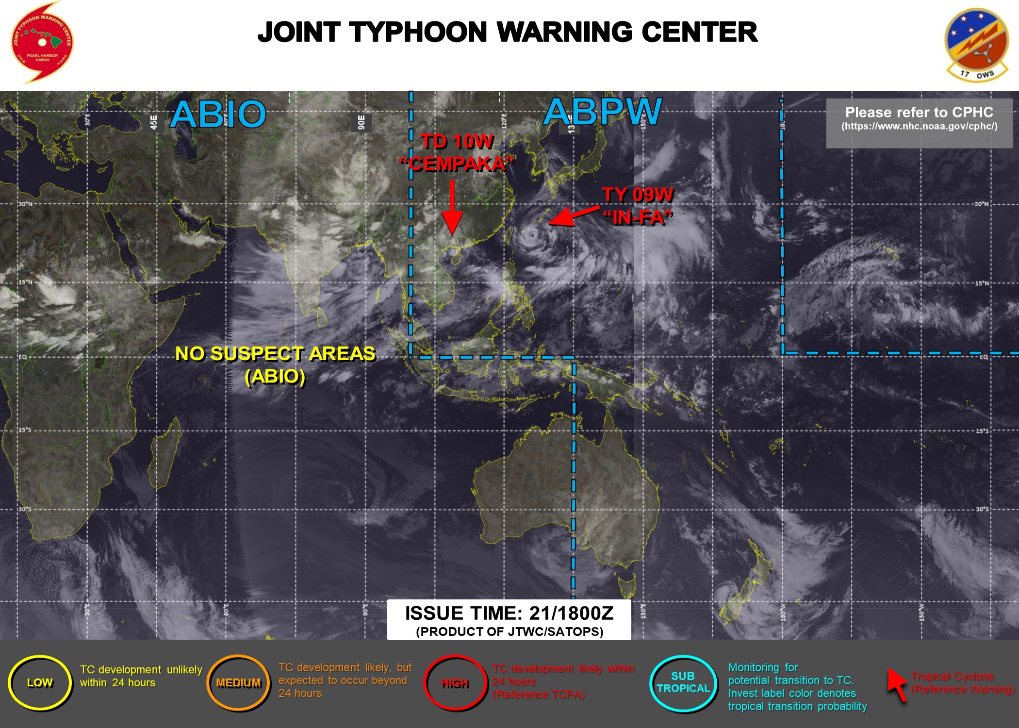 JTWC HAS BEEN ISSUING 6HOURLY WARNINGS ON 09W AND 10W. 3HOURLY SATELLITE BULLETINS ARE ISSUED FOR BOTH SYSTEMS. JTWC HAS BEEN ISSUING 6HOURLY WARNINGS ON 09W AND 10W. 3HOURLY SATELLITE BULLETINS ARE ISSUED FOR BOTH SYSTEMS.