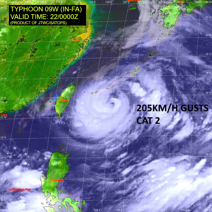 09W(IN-FA). SATELLITE ANALYSIS, INITIAL POSITION AND INTENSITY DISCUSSION: ANIMATED MULTISPECTRAL SATELLITE IMAGERY (MSI) AND A 212247Z SSMIS SERIES INDICATE THAT TY 09W IS IN THE MIDDLE OF AN EYEWALL REPLACEMENT CYCLE (ERC) AND THAT DEEP CONVECTION IS LACKING OVER THE NORTHEASTERN QUADRANT. THE ERC AND UPWELLING CAUSED BY THE RELATIVELY SLOW MOVEMENT OF THE SYSTEM HAS KEPT THE INTENSITY TREND FLAT OVER THE PAST 12 HOURS EVEN THOUGH THE UPPER LEVEL ENVIRONMENT IS IMPROVING. THE INTENSITY ASSESSMENT IS BASED ON AVERAGE OF 3 AGENCY DVORAK ESTIMATES AND THE POSITION IS BASED ON AN EYE FIX ON 28KM RAGGED EYE. A 212331UTC ASCAT PASS CONFIRMS GALE FORCE EASTERLIES EXTEND TO NORTH OF OKINAWA AND GALE FORCE NORTHERLIES OVER THE SENKAKUS. ANIMATED WATER VAPOR IMAGERY INDICATES SOME PRESSURE ON THE PERIPHERY OF THE NORTHWEST QUADRANT BUT FOR THE MOST PART THE SYSTEM IS COCOONED AND ABLE TO GENERATE MODERATE OUTFLOW IN ALL QUADRANTS.