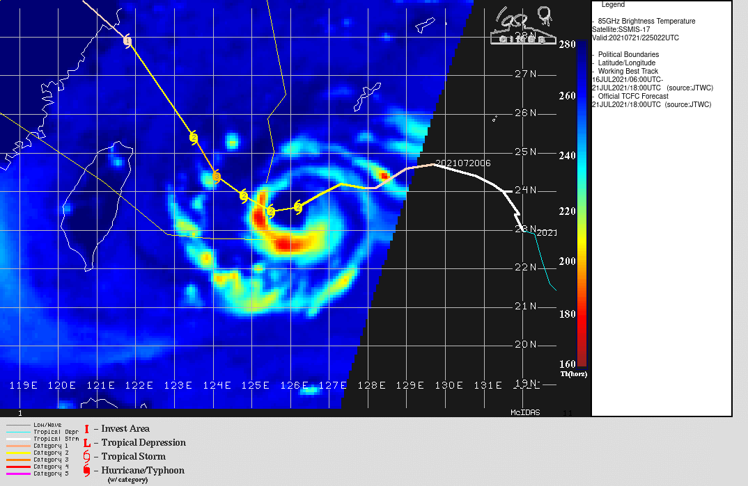09W(IN-FA).TY 09W IS IN THE MIDDLE OF AN EYEWALL REPLACEMENT CYCLE (ERC). ONCE ON ITS NORTHWESTWARD LEG, IT WILL ROAR OVER ISHIGAKIJIMA AT ITS PEAK INTENSITY OF 100KTS/CAT 3.
