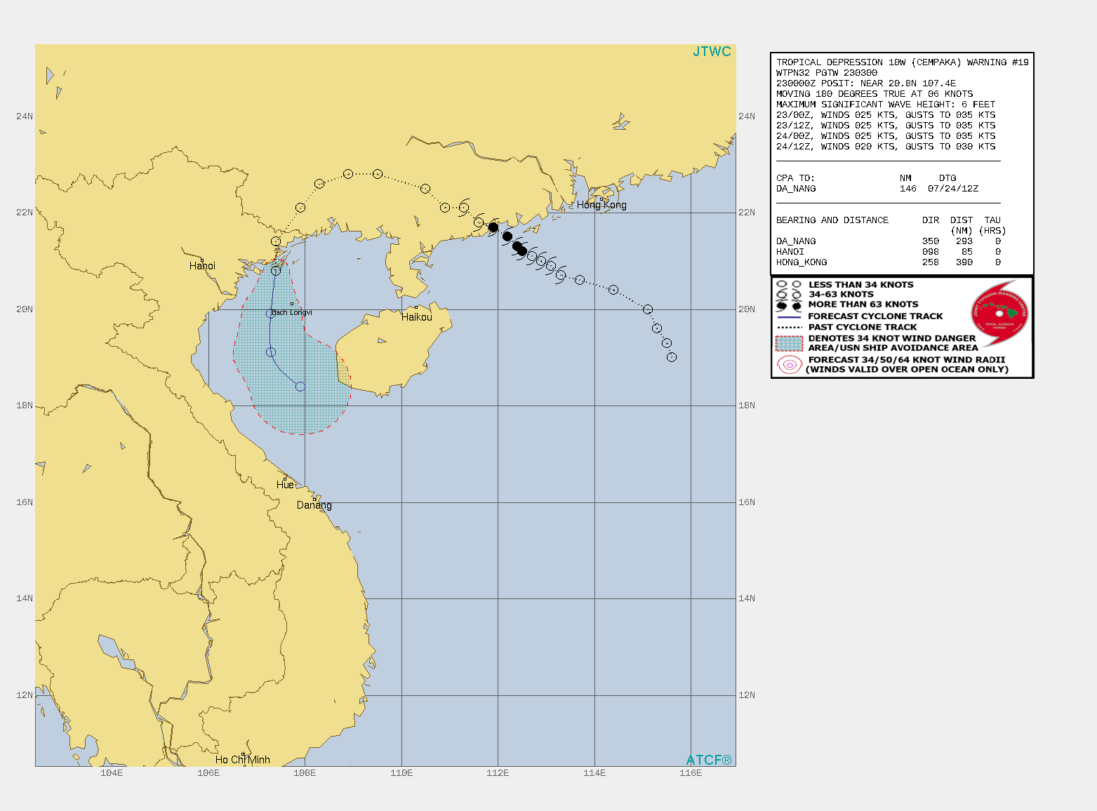 TD 10W(CEMPAKA). WARNING 19 ISSUED AT 23/03UTC.THERE ARE NO SIGNIFICANT CHANGES TO THE FORECAST FROM THE PREVIOUS WARNING.  FORECAST DISCUSSION: TD 10W IS NOT EXPECTED TO REGENERATE TO TROPICAL STORM STATUS DUE TO HIGH VERTICAL WIND SHEAR OVER THE GULF OF TONKIN. THE WARM WATERS OF THE GULF OF TONKIN WILL SUSTAIN THE VORTEX THROUGH TAU 24 BUT EVENTUALLY THE WINDSHEAR WILL OVERCOME THE SYSTEM.
