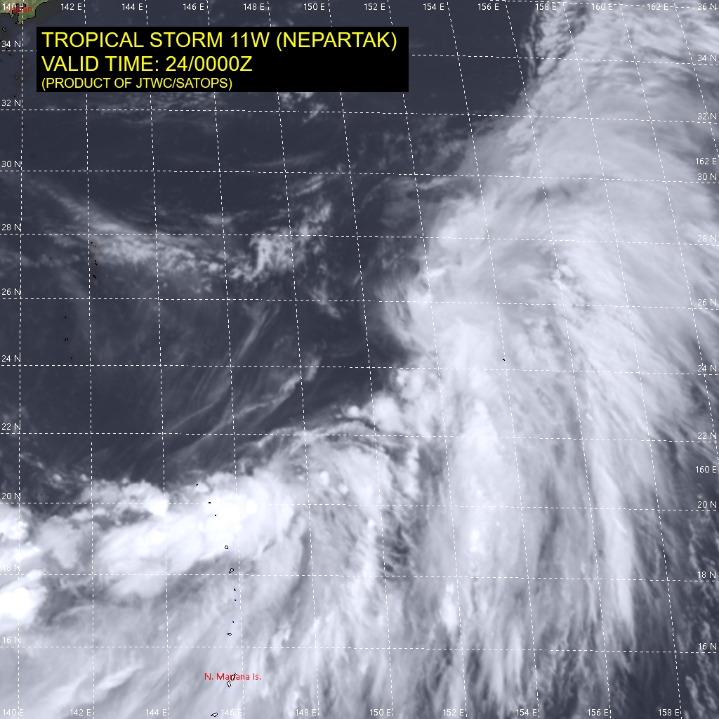 11W(NEPARTAK).SATELLITE ANALYSIS, INITIAL POSITION AND INTENSITY DISCUSSION: ANIMATED MULTISPECTRAL SATELLITE IMAGERY (MSI) SHOWS THAT THE LOW LEVEL CIRCULATION CENTER (LLCC) OF TROPICAL STORM NEPARTAK IS FULLY EXPOSED AND BREAKING AWAY FROM THE BAND OF DEEP CONVECTION AT THE BASE OF THE MONSOON GYRE. VIGOROUS WESTERLIES ALOFT ARE SHEARING THE CLOUD BAND TO THE EAST OF THE VORTEX. THE SATELLITE IMAGERY, AMSU RADIAL HEIGHT AND CROSS SECTION ANALYSIS, AND STRETCHED 850 MB VORTICITY PATTERN ARE INDICATIVE OF A SUB-TROPICAL SYSTEM. THE CURRENT INTENSITY IS BASED ON A JTWC DVORAK ESTIMATE OF T2.5 USING THE SUB-TROPICAL TECHNIQUE AND SUPPORTED BY AN ADT ESTIMATE.