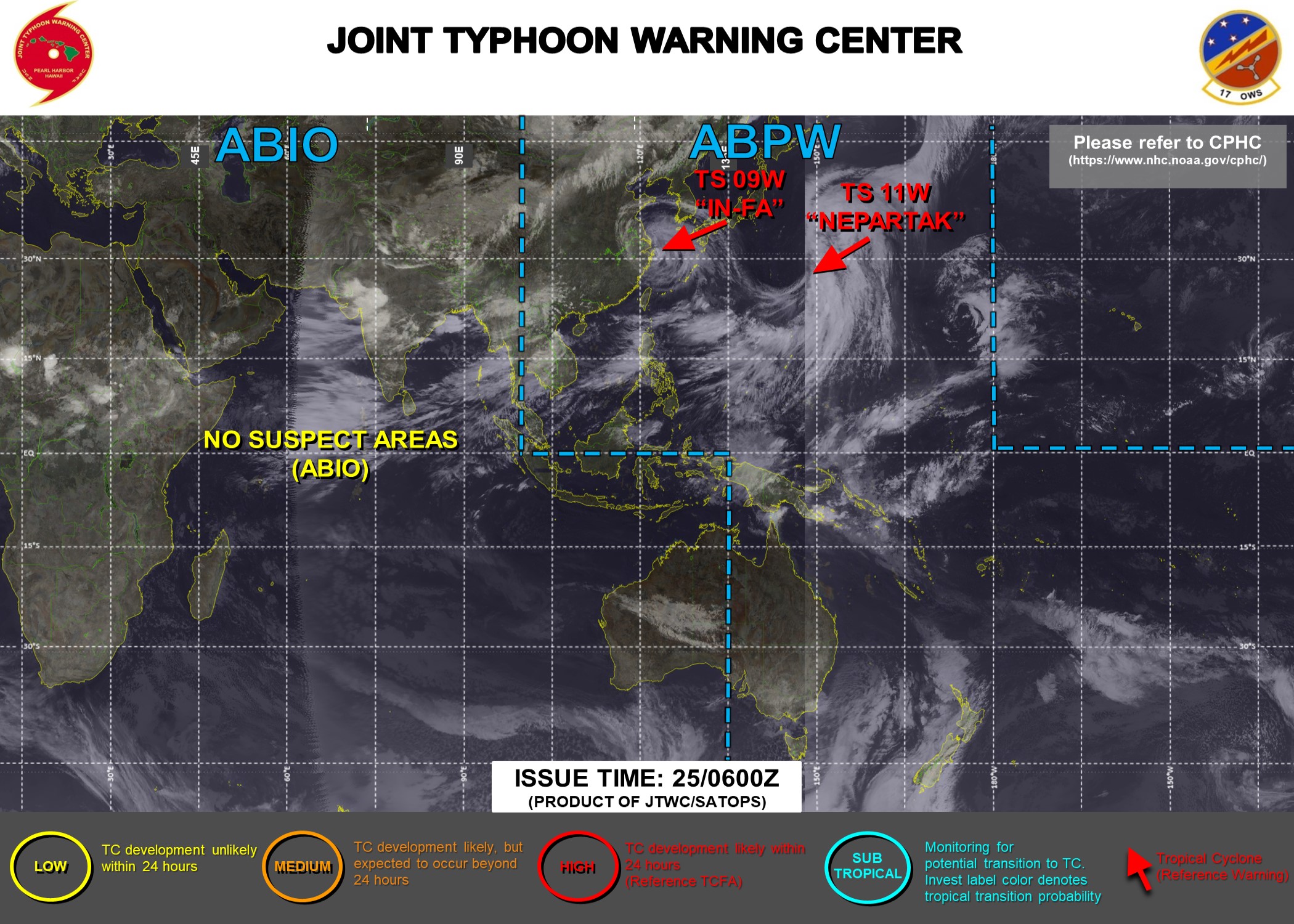 JTWC HAS BEEN ISSUING 6HOURLY WARNINGS AND 3HOURLY SATELLITE BULLETINS ON 09W AND 11W. SATELLITE BULLETINS WERE DISCONTINUED FOR 10W AT 24/15UTC. JTWC HAS BEEN ISSUING 6HOURLY WARNINGS AND 3HOURLY SATELLITE BULLETINS ON 09W AND 11W. SATELLITE BULLETINS WERE DISCONTINUED FOR 10W AT 24/15UTC.