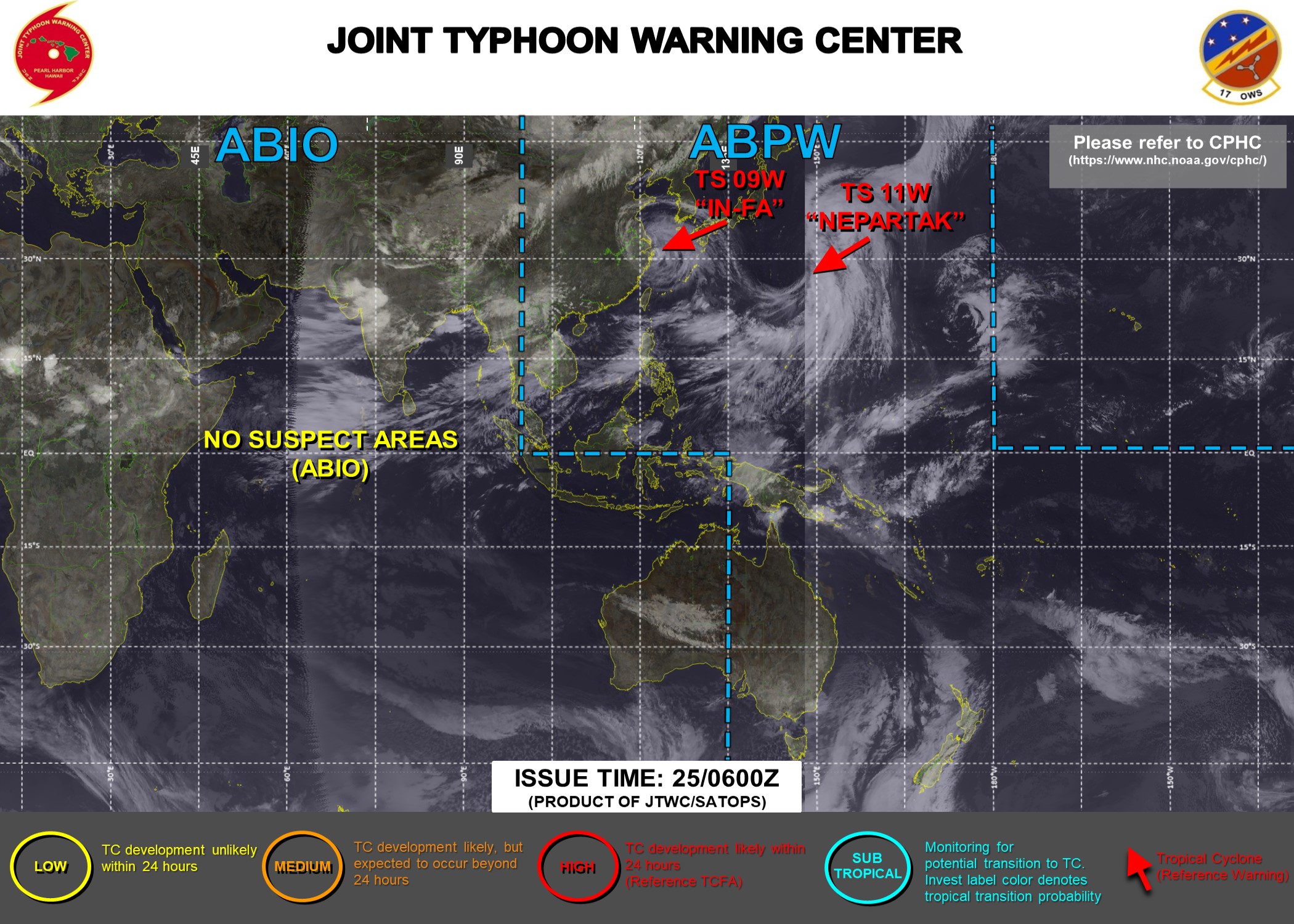 JTWC HAS BEEN ISSUING 6HOURLY WARNINGS AND 3HOURLY SATELLITE BULLETINS ON 09W AND 11W. SATELLITE BULLETINS WERE DISCONTINUED FOR 10W AT 24/15UTC.