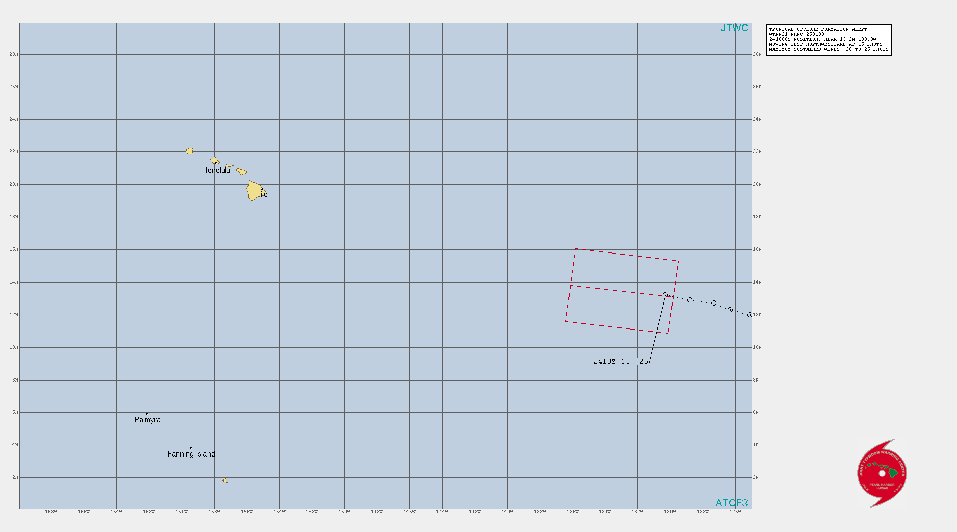 EASTERN PACIFIC. INVEST 98E. TROPICAL CYCLONE FORMATION ALERT ISSUED AT 25/01UTC.AN AREA OF CONVECTION (INVEST 98E) HAS PERSISTED NEAR  131.2N 130.3W, APPROXIMATELY 3055 KM EAST-SOUTH EAST OF HONOLULU,  HAWAII. ANIMATED MULTISPECTRAL SATELLITE IMAGERY AND A 242227Z AMSR2  PARTIAL MICROWAVE PASS DEPICT AN EXPOSED LOW LEVEL CIRCULATION (LLC)  WITH CONSOLIDATING AND DEEPENING CONVECTION DISPLACED TO THE  NORTHWEST. UPPER AIR ANALYSIS INDICATES 98E IS LOCATED IN AN AREA   FAVORABLE FOR DEVELOPMENT WITH WEAK VERTICAL WIND SHEAR (05-10KTS)  AND WARM SEA SURFACE TEMPERATURES(29-30 C). MAXIMUM SUSTAINED  SURFACE WINDS ARE ESTIMATED AT 20 TO 25 KNOTS. MINIMUM SEA LEVEL  PRESSURE IS ESTIMATED TO BE NEAR 1009 MB. THE POTENTIAL FOR THE  DEVELOPMENT OF A SIGNIFICANT TROPICAL CYCLONE WITHIN THE NEXT 24  HOURS IS HIGH. EASTERN PACIFIC. INVEST 98E. TROPICAL CYCLONE FORMATION ALERT ISSUED AT 25/01UTC.AN AREA OF CONVECTION (INVEST 98E) HAS PERSISTED NEAR  131.2N 130.3W, APPROXIMATELY 3055 KM EAST-SOUTH EAST OF HONOLULU,  HAWAII. ANIMATED MULTISPECTRAL SATELLITE IMAGERY AND A 242227Z AMSR2  PARTIAL MICROWAVE PASS DEPICT AN EXPOSED LOW LEVEL CIRCULATION (LLC)  WITH CONSOLIDATING AND DEEPENING CONVECTION DISPLACED TO THE  NORTHWEST. UPPER AIR ANALYSIS INDICATES 98E IS LOCATED IN AN AREA   FAVORABLE FOR DEVELOPMENT WITH WEAK VERTICAL WIND SHEAR (05-10KTS)  AND WARM SEA SURFACE TEMPERATURES(29-30 C). MAXIMUM SUSTAINED  SURFACE WINDS ARE ESTIMATED AT 20 TO 25 KNOTS. MINIMUM SEA LEVEL  PRESSURE IS ESTIMATED TO BE NEAR 1009 MB. THE POTENTIAL FOR THE  DEVELOPMENT OF A SIGNIFICANT TROPICAL CYCLONE WITHIN THE NEXT 24  HOURS IS HIGH.