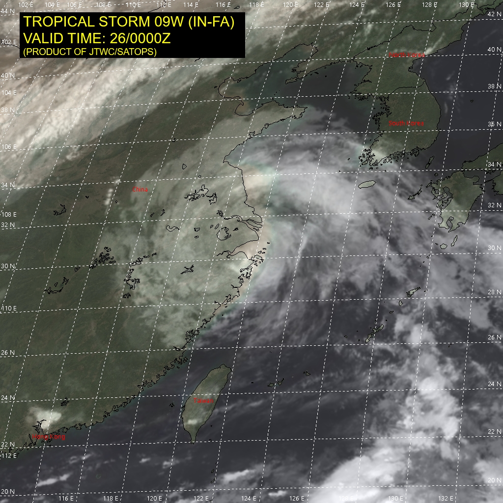 09W(IN-FA).SATELLITE ANALYSIS, INITIAL POSITION AND INTENSITY DISCUSSION: ANIMATED MULTISPECTRAL SATELLITE IMAGERY (MSI) SHOWS THE SYSTEM CONTINUED TO ERODE AS IT MADE LANDFALL JUST SOUTH OF SHANGHAI. THE INITIAL POSITION IS PLACED WITH HIGH CONFIDENCE BASED ON A DEFINED LOW LEVEL CIRCULATION FEATURE IN A CMA COMPOSITE RADAR LOOP. THE INITIAL INTENSITY OF 40KNOTS IS BASED ON EXTRAPOLATION FROM RECENT AGENCY DVORAK AND AUTOMATED FIXES AND EXTRAPOLATED FROM NEARBY WIND AND PRESSURE OBSERVATIONS AND CONSISTENT WITH THE DEGRADED METSAT SIGNATURE.
