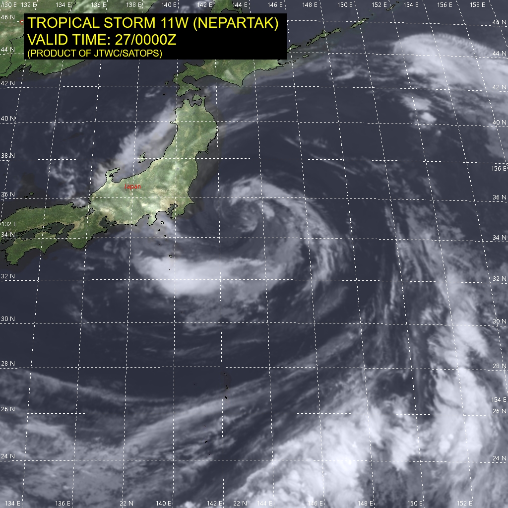 11W(NEPARTAK).SATELLITE ANALYSIS, INITIAL POSITION AND INTENSITY DISCUSSION: 11W (NEPARTAK) REMAINS ASSESSED AS A SUBTROPICAL STORM. ANIMATED MULTISPECTRAL SATELLITE IMAGERY DEPICTS SHALLOW BANDING WRAPPING TIGHTLY INTO A FULLY-EXPOSED LOW-LEVEL CIRCULATION CENTER, WHICH SUPPORTS THE INITIAL POSITION WITH HIGH CONFIDENCE. ANIMATED WATER VAPOR IMAGERY SHOWS THAT NEPARTAK IS CENTERED BENEATH A STRONG UPPER-LEVEL LOW WITH DRY AIR ADVECTING AROUND THE SYSTEM. AFTER AN UNEXPECTED, SHORT-LIVED WEST-SOUTHWESTWARD TRACK, 11W HAS ACCELERATED POLEWARD ALONG THE WESTERN PERIPHERY OF THE SUBTROPICAL RIDGE. ALONG WITH HOURLY RADAR FIXES FROM RJTD, A 262323Z ASCAT-A BULLSEYE IMAGE ALSO SUPPORTS THE INITIAL POSITION AND INITIAL INTENSITY OF 45 KTS WITH HIGH CONFIDENCE.