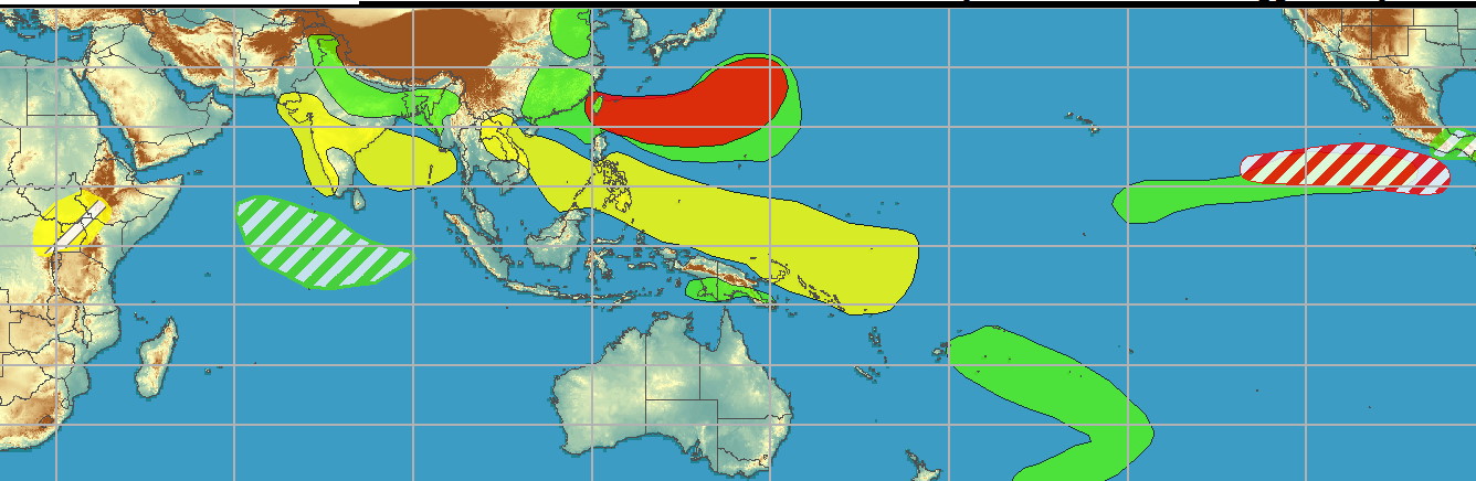 WEEK 1 : Jul 28/Aug 03: Tropical Storm Nepartak developed east of Japan and is currently nearing landfall over northern Honshu island. Dry air entrainment has resulted in poor presentation on satellite imagery, with most of the convection well removed from the circulation center. The Joint Typhoon Warning Center forecasts further weakening of Tropical Storm Nepartak ahead of and following the landfall. During both Week-1 and Week-2, an enhanced and northward displaced monsoon gyre will provide a wide region of favorable conditions and incipient circulations for tropical cyclogenesis over the Northwest Pacific. Dynamical model forecasts show multiple closed lows and tropical cyclones developing near and north of 20N extending from the vicinity of Taiwan to near 150E over the next two weeks. With steering currents fairly weak, interests in Japan, mainland China, and Taiwan should monitor the latest forecasts from their local meteorological agencies. Tropical cyclone development is also favored for the East Pacific in the wake of the strong Kelvin wave, with the National Hurricane Center currently monitoring two areas south and southwest of Mexico for potential formation. NOAA.