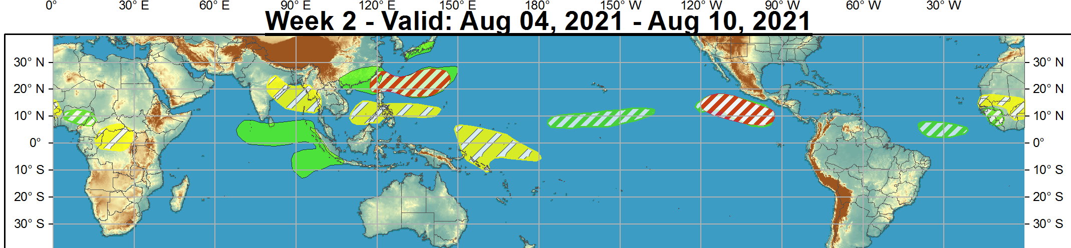 A favorable environment for additional tropical cyclone development is forecast to persist into Week-2, prompting a moderate confidence hazard on the outlook. No tropical cyclones are anticipated to form across the Main Development Region of the Atlantic during the outlook period, though conditions are anticipated to become slightly more favorable towards the end of Week-2, with dynamical models showing a disturbance emerging off the coast of Africa. Should the MJO or additional Kelvin waves cross the Western Hemisphere during Week-2, conditions may become more favorable for development during the Week-34 time frame. NOAA.