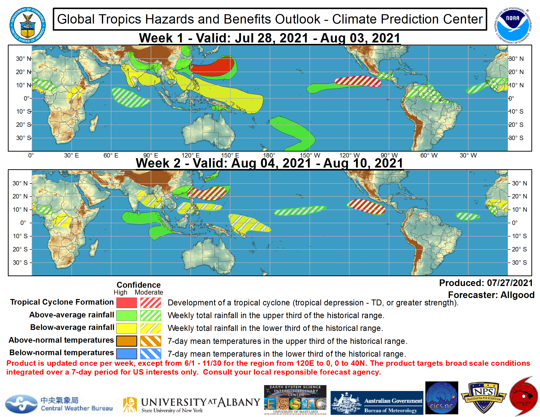 The precipitation outlook during the next two weeks is based on a consensus of GEFS, CFS, and ECMWF guidance, with some consideration given to precipitation composites based on prior MJO events. For hazardous weather concerns during the next two weeks across the U.S., please refer to your local NWS Forecast Office, the Weather Prediction Center's Medium Range Hazards Forecast, and CPC's Week-2 Hazards Outlook. Forecasts over Africa are made in consultation with the International Desk at CPC and can represent local-scale conditions in addition to global scale variability. NOAA.