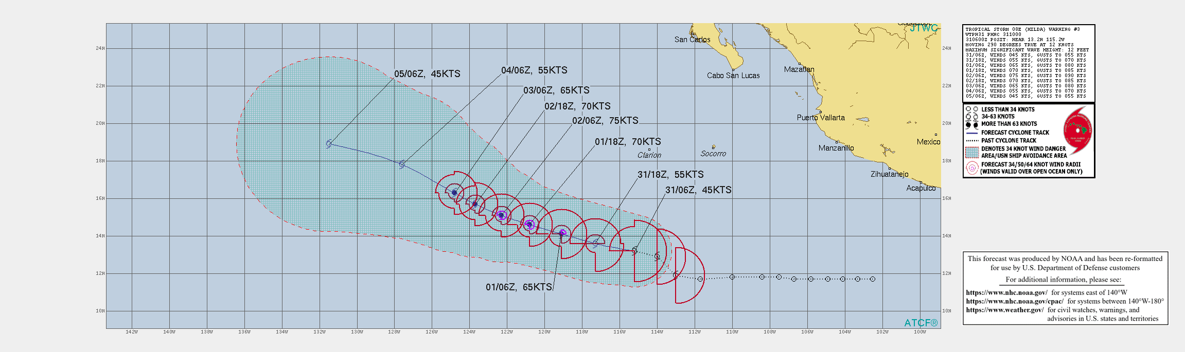 EASTERN PACIFIC. 08E(HILDA). WARNING 3 ISSUED AT 31/10UTC. INTENSITY FORECAST TO PEAK AT 75KNOTS/CAT 1 BY 48H.