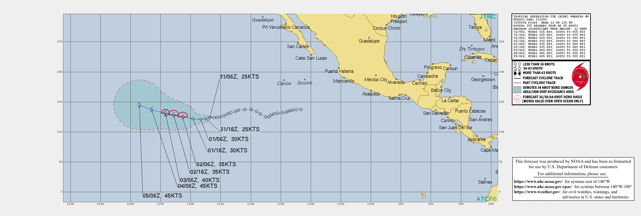 09E. WARNING 3 ISSUED AT 31/10UTC. INTENSITY FORECAST TO PEAK AT 45KNOTS BY 96H.