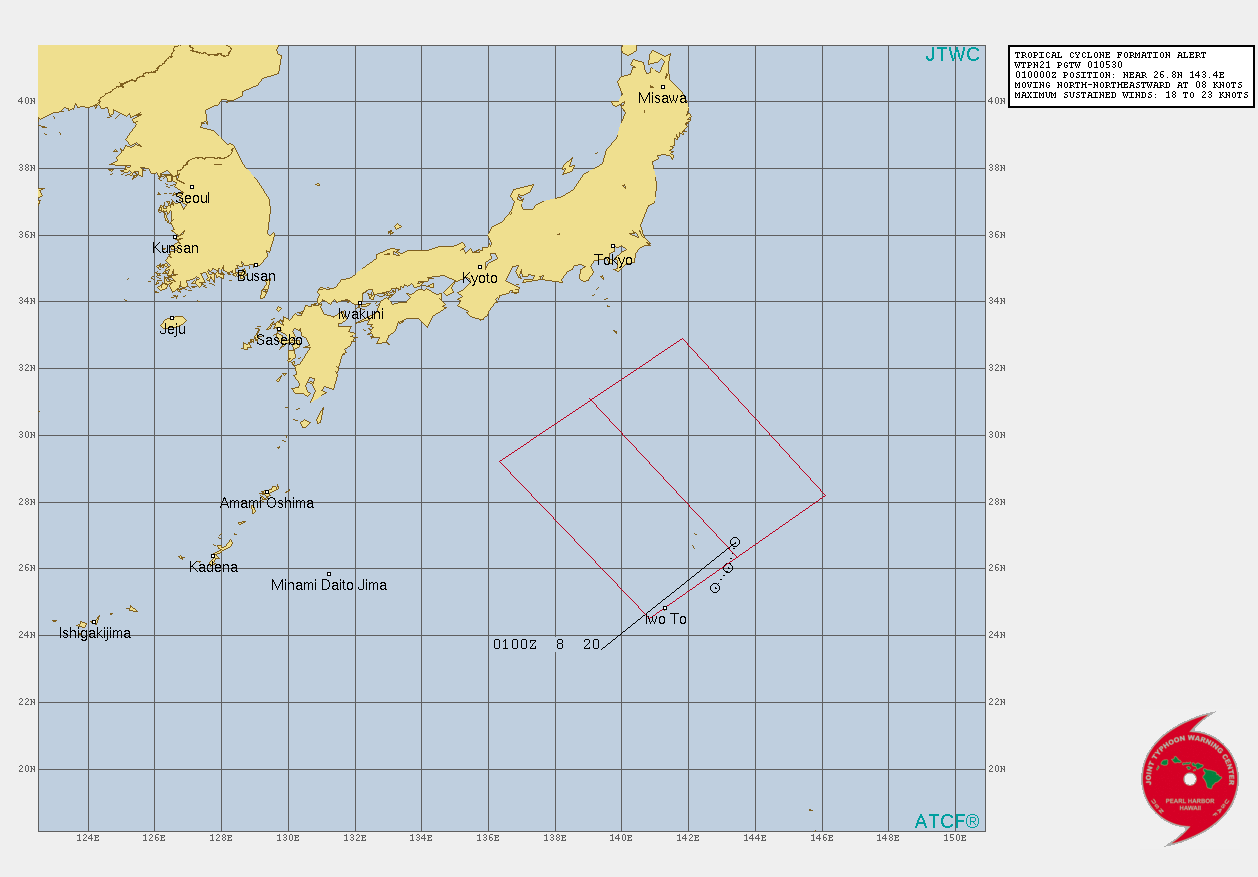 INVEST 96W. TROPICAL CYCLONE FORMATION ALERT ISSUED AT 01/0530UTC.  ANIMATED MULTISPECTRAL SATELLITE IMAGERY  (MSI) DEPICTS A FULLY EXPOSED LOW-LEVEL CIRCULATION WITH PERSISTENT  DISORGANIZED CONVECTION IN THE SOUTHERN PERIPHERY. THE SYSTEM IS  EMBEDDED WITHIN AN EXTENSIVE SWATH OF CONVERGENT SOUTHERLIES AND  DEEP MOISTURE AS INDICATED IN A 010334UTC AMSR2 89GHZ MICROWAVE IMAGE.  A 010037UTC ASCAT-A IMAGE REVEALS 25-30 KNOT WINDS WRAPPING TO THE EAST  OF THE LLCC AND 10-15 KNOT WINDS TO THE WEST. INVEST 96W IS LOCATED IN  A FAVORABLE ENVIRONMENT CHARACTERIZED BY WARM (29-30C) SEA SURFACE  TEMPERATURES (SST), EQUATORWARD OUTFLOW ALOFT, AND LOW  VERTICAL WIND SHEAR (VWS).