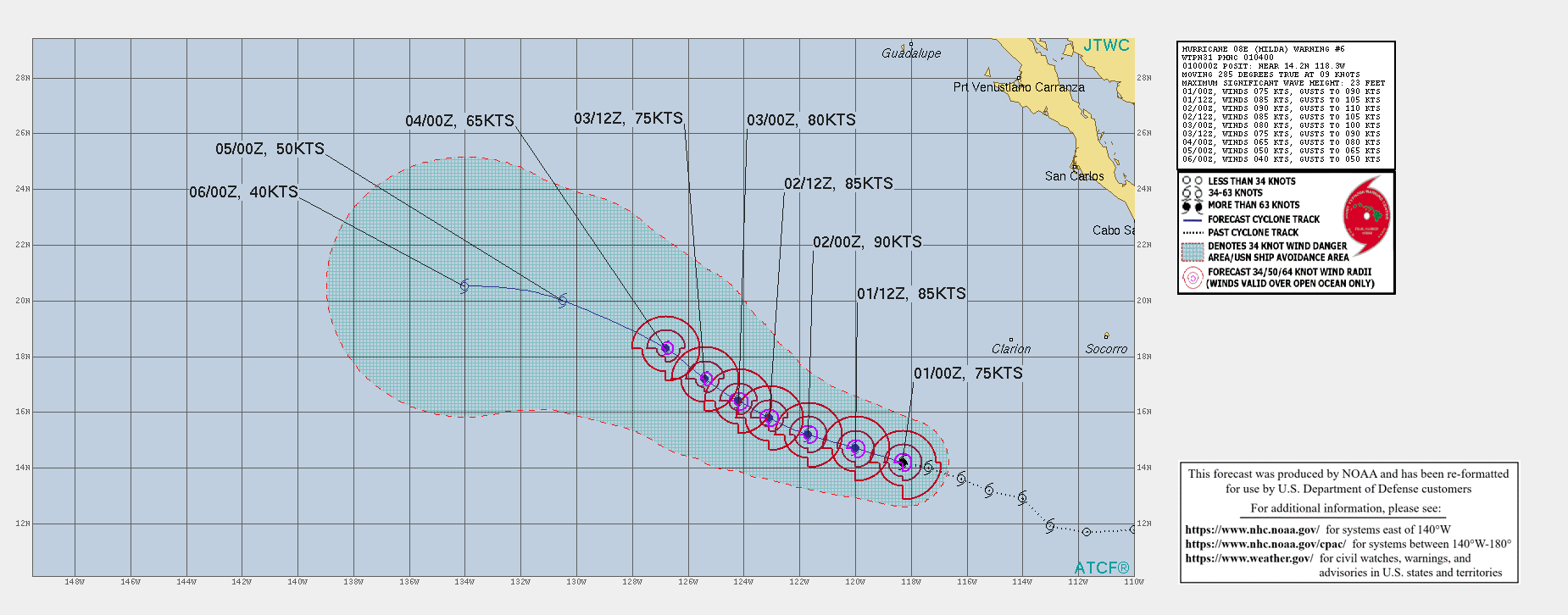 EASTERN PACIFIC. HU 08E(HILDA). WARNING 6 ISSUED AT 01/04UTC. INTENSITY IS FORECAST TO PEAK AT 90KNOTS/CAT 2 BY 24H.