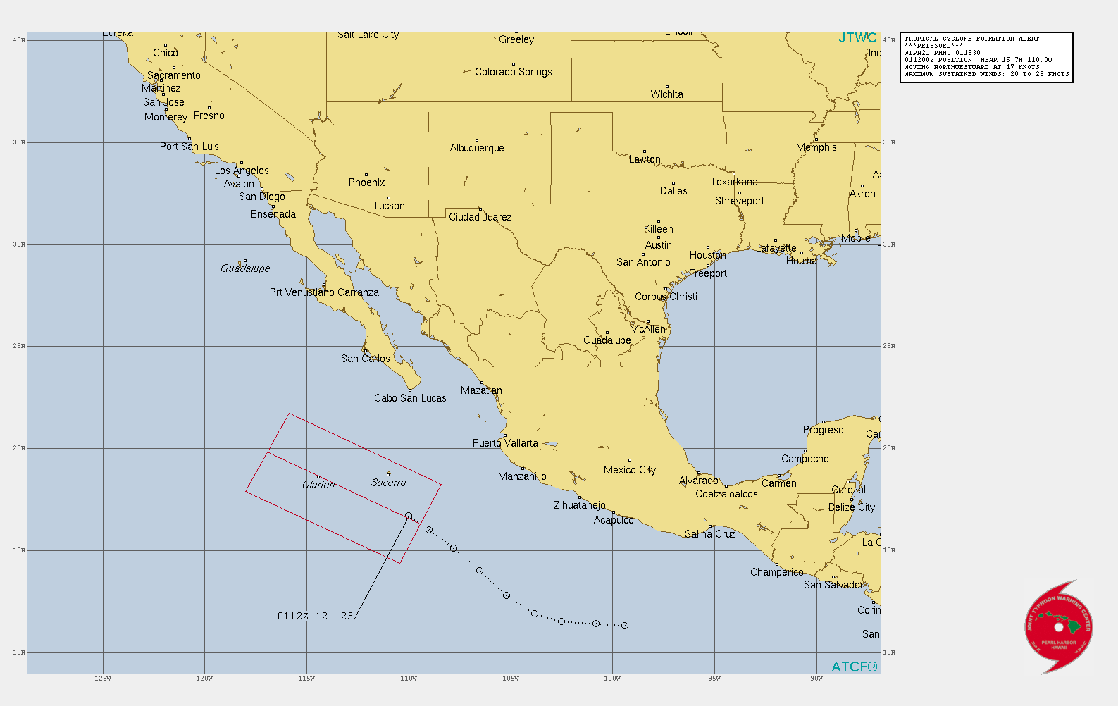 INVEST 91E. TROPICAL CYCLONE FORMATION ALERT RE-ISSUED AT 01/1330UTC.THE AREA OF CONVECTION (INVEST 91E) PREVIOUSLY LOCATED  NEAR 11.9N 105.2W IS NOW LOCATED NEAR 11.9N 105.2W, APPROXIMATELY  240 KM SOUTH-SOUTHEAST OF SOCORRO ISLAND. ANIMATED ENHANCED INFRARED  (EIR) SATELLITE IMAGERY DEPICTS PERSISTENT CONVECTION CONSOLIDATING  OVER A LOW LEVEL CIRCULATION CENTER (LLCC). A 010908UTC AMSR2 89GHZ  MICROWAVE IMAGE REVEALS DEEP CONVECTION IN THE SOUTHERN PERIPHERY.  INVEST 91E IS IN A FAVORABLE ENVIRONMENT FOR DEVELOPMENT  CHARACTERIZED BY WARM (27-28C) SEA SURFACE TEMPERATURES (SST), LOW  TO MODERATE (10-20 KT) VERICAL WIND SHEAR (VWS), AND EQUATORWARD  OUTFLOW ALOFT. INVEST 91E. TROPICAL CYCLONE FORMATION ALERT RE-ISSUED AT 01/1330UTC.THE AREA OF CONVECTION (INVEST 91E) PREVIOUSLY LOCATED  NEAR 11.9N 105.2W IS NOW LOCATED NEAR 11.9N 105.2W, APPROXIMATELY  240 KM SOUTH-SOUTHEAST OF SOCORRO ISLAND. ANIMATED ENHANCED INFRARED  (EIR) SATELLITE IMAGERY DEPICTS PERSISTENT CONVECTION CONSOLIDATING  OVER A LOW LEVEL CIRCULATION CENTER (LLCC). A 010908UTC AMSR2 89GHZ  MICROWAVE IMAGE REVEALS DEEP CONVECTION IN THE SOUTHERN PERIPHERY.  INVEST 91E IS IN A FAVORABLE ENVIRONMENT FOR DEVELOPMENT  CHARACTERIZED BY WARM (27-28C) SEA SURFACE TEMPERATURES (SST), LOW  TO MODERATE (10-20 KT) VERICAL WIND SHEAR (VWS), AND EQUATORWARD  OUTFLOW ALOFT.