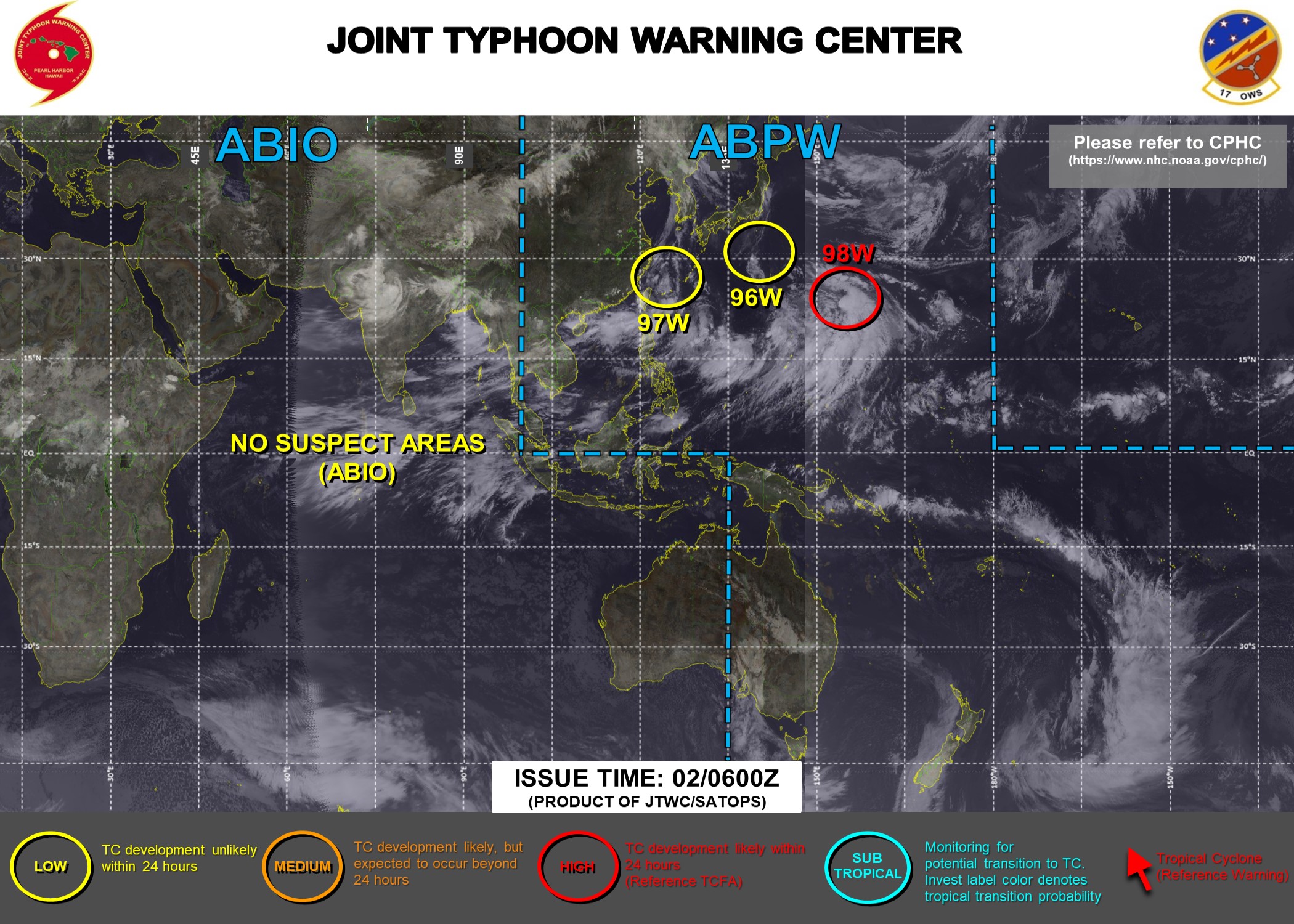 Western Pacific: TCFA still in force for Invest 98W, Invest 97W and 96W under watch too//Eastern Pacific: Hurricane 08E(HILDA) & TD 10E monitored, 02/06utc updates