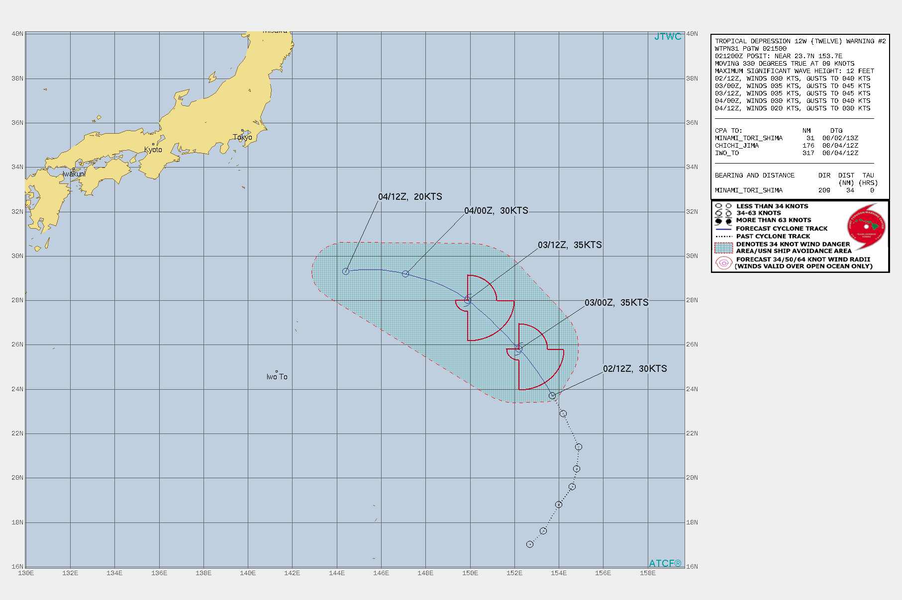 TD 12W. WARNING 2 ISSUED AT 02/15UTC.THERE ARE NO SIGNIFICANT CHANGES TO THE FORECAST FROM THE PREVIOUS WARNING.  FORECAST DISCUSSION: TD 12W IS FORECAST TO CONTINUE TRACKING NORTHWESTWARD THROUGH 24H ALONG THE SOUTHERN PERIPHERY OF THE SUBTROPICAL RIDGE TO THE NORTH. OVER THE NEXT 24 HOURS, INVEST AREA 99W IS EXPECTED TO CONSOLIDATE AND TRACK RAPIDLY NORTHWARD, MOVING TO WITHIN 1100 KM OF TD 12W BY 24H. THEREAFTER THE TWO SYSTEMS WILL MOVE STEADILY CLOSER TO ONE ANOTHER AND TD 12W IS EXPECTED TO BE CAPTURED BY 99W BY 36H, AND BEGIN BINARY INTERACATION. TD 12W WILL BEGIN TRACKING WEST OR EVEN SOUTHWEST AFTER 36H AS IT SPIRALS STEADILY CLOSER TOWARDS 99W, ULTIMATELY MERGING WITH 99W AT OR SLIGHTLY AFTER 48H. THE UPPER-LEVEL ENVIRONMENT HAS SLOWLY IMPROVED OVER THE PAST SIX HOURS, WITH THE TUTT CELL CONTINUING TO MOVE OFF TOWARDS THE WEST, ALLOWING FOR THE SYSTEM TO TAP INTO A BIT OF DIFFLUENT OUTFLOW, RESULTING IN THE ENHANCED CONVECTIVE ACTIVTY CURRENTLY ONGOING. AS THE ORIENTATION OF THE TUTT SHIFTS SLIGHTLY OVER THE NEXT 24 HOURS, SHEAR SHOULD DECREASE TO MORE MODERATE LEVELS ALLOWING FOR A SLIGHT INTENSIFICATION THROUGH 24H. THEREAFTER, THE COMBINATION OF DISRUPTION ON THE LOW-LEVEL INFLOW PATTERN DUE TO INTERACTION WITH 99W AND THE INFLUENCE OF THE MASS CONVERGENCE ALOFT FROM THE OUTFLOW ASSOCIATED WITH THE DEVELOPMENT OF 99W, WILL SERVE TO RAPIDLY WEAKEN AND DISSIPATE TD 12W BY 48H.