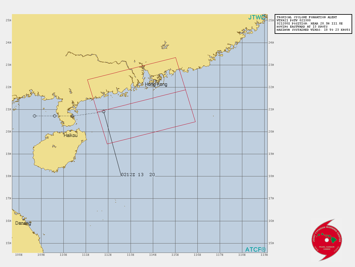 INVEST 90W. TROPICAL CYCLONE FORMATION ALERT ISSUED AT 02/13UTC.THE AREA OF CONVECTION (INVEST 90W) PREVIOUSLY LOCATED  NEAR 20.7N 110.4E IS NOW LOCATED NEAR 20.9N 111.8E, APPROXIMATELY  285 KM WEST-SOUTHWEST OF HONG KONG. ANIMATED ENHANCED INFRARED (EIR)  IMAGERY DEPICTS FLARING CONVECTION FORMING TO THE SOUTHEAST OF A LOW  LEVEL CIRCULATION CENTER (LLCC). ANIMATED RADAR IMAGERY AND A  021100UTC SSMIS 91GHZ MICROWAVE IMAGE SHOW WELL DEFINED CONVECTIVE  WRAPPING FEATURE AROUND THE LLCC. ANALYSIS INDICATES A FAVORABLE  ENVIRONMENT FOR DEVELOPMENT CHARACTERIZED BY WARM (29-30C) SEA  SURFACE TEMPERATURES (SST), LOW VERTICAL WIND SHEAR (VWS),  AND EQUATORWARD OUTFLOW ALOFT.MAXIMUM SUSTAINED SURFACE  WINDS ARE ESTIMATED AT 18 TO 23 KNOTS. MINIMUM SEA LEVEL PRESSURE IS  ESTIMATED TO BE NEAR 996 MB. THE POTENTIAL FOR THE DEVELOPMENT OF A  SIGNIFICANT TROPICAL CYCLONE WITHIN THE NEXT 24 HOURS IS UPGRADED TO  HIGH.