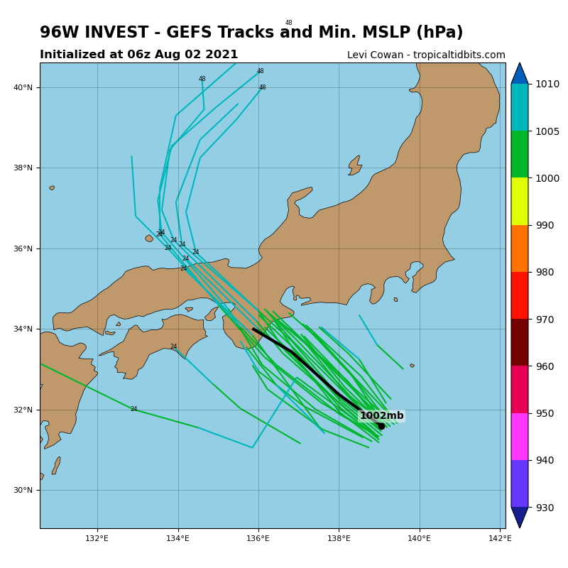 INVEST 96W.THE AREA OF CONVECTION (INVEST 96W) PREVIOUSLY LOCATED  NEAR 26.8N 143.4E IS NOW LOCATED NEAR 30.1N 140.8E, APPROXIMATELY  575 KM SOUTH OF YOKOSUKA. ANIMATED MULTISPECTRAL SATELLITE IMAGERY  (MSI)DEPICTS A FULLY EXPOSED LOW LEVEL CIRCULATION CENTER (LLCC). A  022201UTC SSMIS 91GHZ MICROWAVE IMAGE REVEALS THE CONVECTION  ASSOCIATED WITH THE SYSTEM IS DISPLACED TO THE SOUTH OF THE LLCC. A  020109UTC ASCAT-C PARTIAL PASS REVEALS AN ELONGATED LLCC AND 15-20  KNOT WINDS IN THE NORTHERN PERIPHERY. ANALYSIS INDICATES AN  ENVIRONMENT THAT IS MARGINALLY CONDUCIVE FOR DEVELOPMENT  CHARACTERIZED BY WARM (29-30C) SEA SURFACE TEMPERATURES (SST) OFFSET  BY LIMITED POLEWARD OUTFLOW ALOFT, AND MODERATE (15-25 KT VERTICAL  WIND SHEAR (VWS). GLOBAL MODELS AGREE THAT INVEST 96W WILL UNDERGO  MINIMAL, IF ANY, CONSOLIDATION AS IT PROPAGATES NORTHWESTWARD  TOWARDS JAPAN. MAXIMUM SUSTAINED SURFACE WINDS ARE ESTIMATED AT 10  TO 15 KNOTS. MINIMUM SEA LEVEL PRESSURE IS ESTIMATED TO BE NEAR 1000  MB. THE POTENTIAL FOR THE DEVELOPMENT OF A SIGNIFICANT TROPICAL  CYCLONE WITHIN THE NEXT 24 HOURS REMAINS LOW.