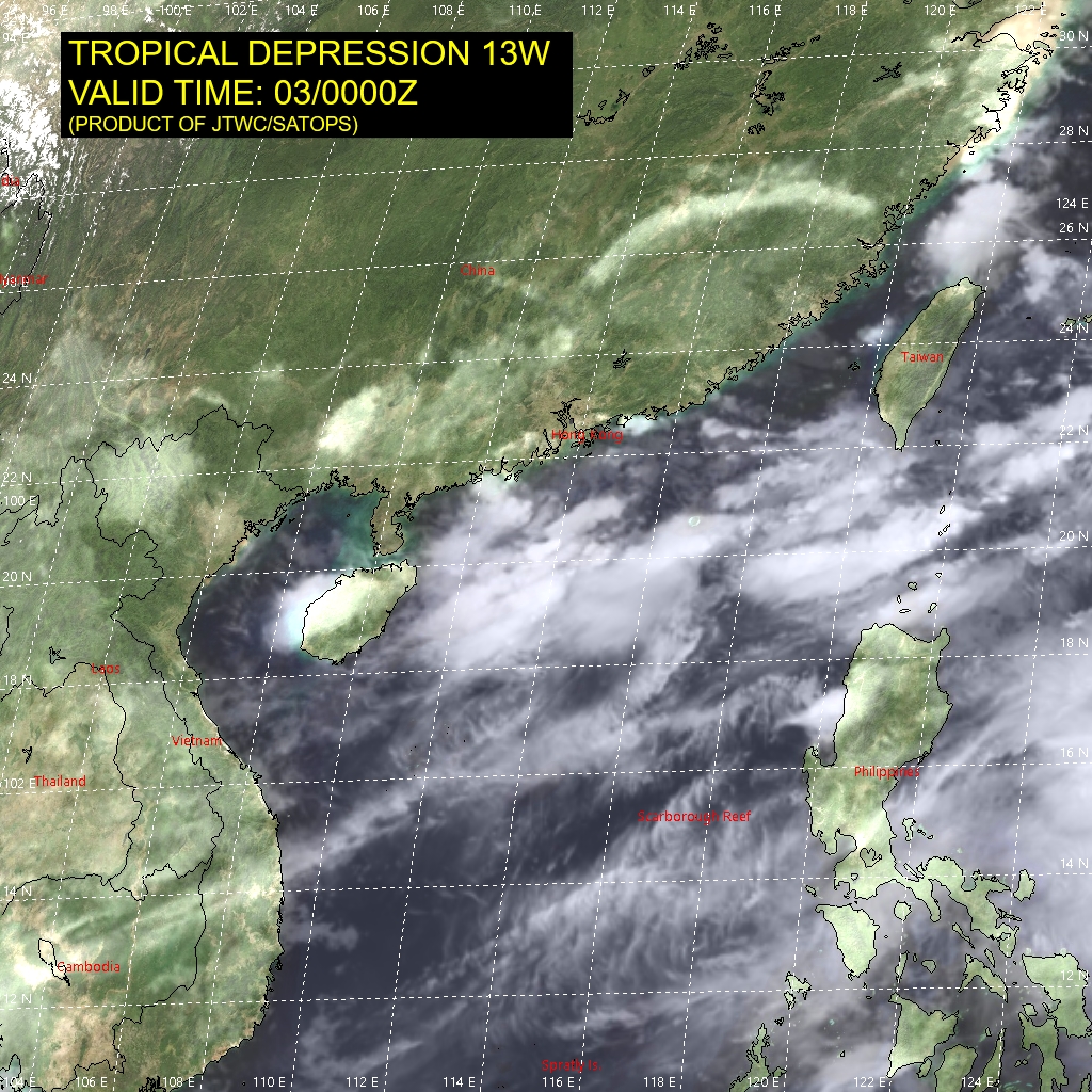 TD 13W. SATELLITE ANALYSIS, INITIAL POSITION AND INTENSITY DISCUSSION: ANIMATED MULTI-SPECTRAL SATELLITE IMAGERY (MSI) DEPICTS A PARTIALLY EXPOSED LOW LEVEL CIRCULATION CENTER (LLCC) WITH THE STRONGEST CONVECTION OFFSET TO THE SOUTHWEST. THE INITIAL POSITION IS PLACED WITH MEDIUM CONFIDENCE BASED ON THE PARTIALLY EXPOSED LLCC IN MSI. THE INITIAL INTENSITY OF 25 KNOTS IS ASSESSED WITH MEDIUM CONFIDENCE BASED ON DVORAK INTENSITY ESTIMATES.