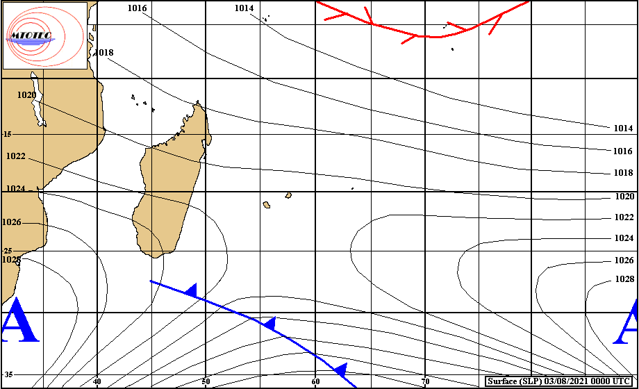 Analyse de la situation de surface ce matin à 04heures. Un système frontal remonte par le Sud-Ouest et touche la RÉUNION la nuit prochaine. Les vents se renforcent sur les faces Ouest et Est de la RÉUNION cet après-midi et la nuit prochaine. Ils se renforcent assez nettement sur MAURICE Mercredi.MTOTEC.