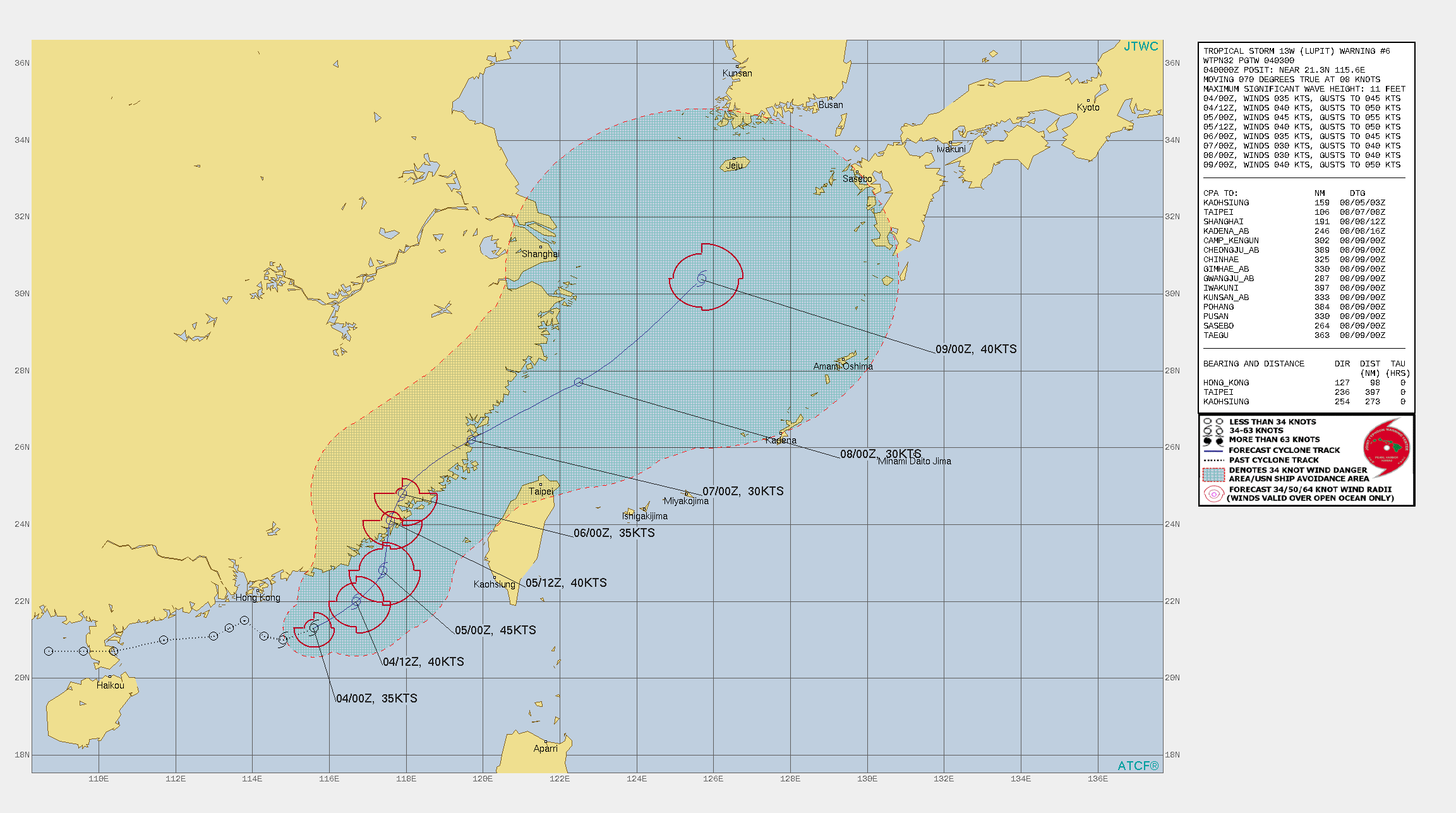 TS 13W(LUPIT). WARNING 6 ISSUED AT 04/03UTC.THERE ARE NO SIGNIFICANT CHANGES TO THE FORECAST FROM THE PREVIOUS WARNING.  FORECAST DISCUSSION: TS 13W WILL CONTINUE TO TRACK EAST-NORTHEASTWARD TRACK UNDER THE INFLUENCE OF A NEAR EQUATORIAL RIDGE(NER) TO THE SOUTHEAST. AS THE NER BUILDS, THE SYSTEM WILL BEGIN TO TURN NORTHWARD AND WILL CROSS OVER THE COAST OF CHINA BY 36H. THE MARGINALLY FAVORABLE ENVIRONMENT WILL ALLOW A SLIGHT  INTENSIFICATION TO 45KNOTS BEFORE MAKING LANDFALL. LAND INTERACTION  WILL CAUSE A SLIGHT WEAKENING IN INTENSITY BEFORE TS 13W CROSSES  BACK OVER WATER AROUND 72H. AT THIS POINT, THE SYSTEM WILL RESUME  A NORTHEASTWARD TRACK TOWARDS THE YELLOW SEA.