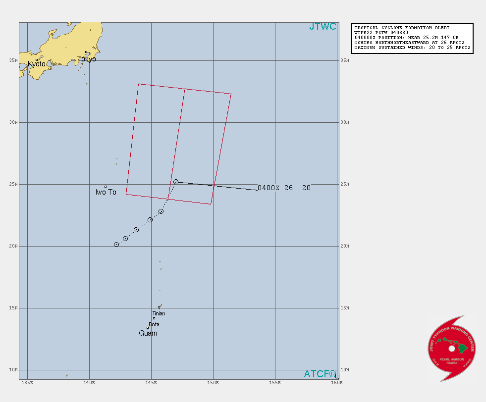 INVEST 99W. TROPICAL CYCLONE FORMATION ALERT ISSUED AT 04/0330UTC. FORMATION OF A SIGNIFICANT TROPICAL CYCLONE IS POSSIBLE WITHIN 190 NM EITHER SIDE OF A LINE FROM 23.8N 146.4E TO 32.8N 147.7E WITHIN THE NEXT 12 TO 24 HOURS. AVAILABLE DATA DOES NOT JUSTIFY ISSUANCE OF NUMBERED TROPICAL CYCLONE WARNINGS AT THIS TIME. WINDS IN THE AREA ARE ESTIMATED TO BE 20 TO 25 KNOTS. METSAT IMAGERY AND SYNOPTIC DATA AT 040000Z INDICATE THAT A CIRCULATION CENTER IS LOCATED NEAR 25.2N 147.0E. THE SYSTEM IS MOVING NORTH- NORTHEASTWARD AT 48 KM/H. 2. REMARKS: THE AREA OF CONVECTION (INVEST 99W) PREVIOUSLY LOCATED  NEAR 22.8N 145.8E IS NOW LOCATED NEAR 25.2N 147.0E, APPROXIMATELY  1355KM SOUTHEAST OF TOKYO, JAPAN. ANIMATED MULTISPECTRAL SATELLITE  IMAGERY AND A 032134UTC SSMIS 91GHZ MICROWAVE IMAGE SHOW A PARTIALLY  OBSCURED LOWER LEVEL CIRCULATION CENTER (LLCC) WITH CONVECTION  WRAPPING IN FROM THE SOUTHWEST INTO THE CONSOLIDATING SYSTEM. A  032337UTC METOP-B ASCAT PASS INDICATES AN ISOLATED PATCH OF 35-40 KNOT  WIND BARBS WITHIN THE EASTERN SEMI-CIRCLE OF THE LLCC. UPPER-LEVEL  ANALYSIS INDICATES A FAVORABLE ENVIRONMENT FOR DEVELOPMENT AS 99W  BEGINS TO TRACK INTO AN AREA OF LOW VERTICAL WIND SHEAR (