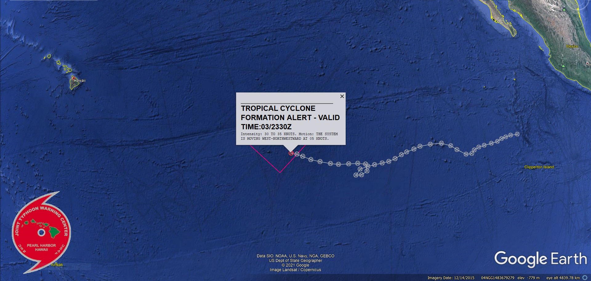 REMNANTS OF TD 09E. TROPICAL CYCLONE FORMATION ALERT RE-ISSUED AT 03/2330UTC.FORMATION OF A SIGNIFICANT TROPICAL CYCLONE IS POSSIBLE WITHIN 120 NM EITHER SIDE OF A LINE FROM 13.4N 133.2W TO 15.9N 135.9W WITHIN THE NEXT 12 TO 24 HOURS. AVAILABLE DATA DOES NOT JUSTIFY ISSUANCE OF NUMBERED TROPICAL CYCLONE WARNINGS AT THIS TIME. WINDS IN THE AREA ARE ESTIMATED TO BE 30 TO 35 KNOTS. METSAT IMAGERY AT 031800Z INDICATES THAT A CIRCULATION CENTER IS LOCATED NEAR 13.6N 133.6W. THE SYSTEM IS MOVING WEST-NORTHWESTWARD AT 09 KM/H. 2. REMARKS: THE AREA OF CONVECTION (INVEST 09E) HAS PERSISTED NEAR 13.6N 133.6W, APPROXIMATELY 2385 KM EAST-SOUTHEAST OF HILO, HAWAII. ANIMATED MULTISPECTRAL SATELLITE IMAGERY AND A 031327UTC SSMI 85GHZ MICROWAVE IMAGE DEPICT A CONSOLIDATING LOW LEVEL CIRCULATION (LLC) WITH CONTINUOUS FRAGMENTED BANDING AND FLARING CONVECTION OBSCURING  THE LLC. UPPER-LEVEL ANALYSIS REVEALS A FAVORABLE ENVIRONMENT WITH  LOW TO MODERATE VERTICAL WIND SHEAR (10-15 KTS), GOOD EQUATORWARD  OUTFLOW, AND WARM SEA SURFACE TEMPERATURES (25-26C).  MAXIMUM SUSTAINED SURFACE WINDS ARE  ESTIMATED AT 30 TO 35 KNOTS. MINIMUM SEA LEVEL PRESSURE IS ESTIMATED  TO BE NEAR 996 MB. THE POTENTIAL FOR THE DEVELOPMENT OF A  SIGNIFICANT TROPICAL CYCLONE WITHIN THE NEXT 24 HOURS IS HIGH.